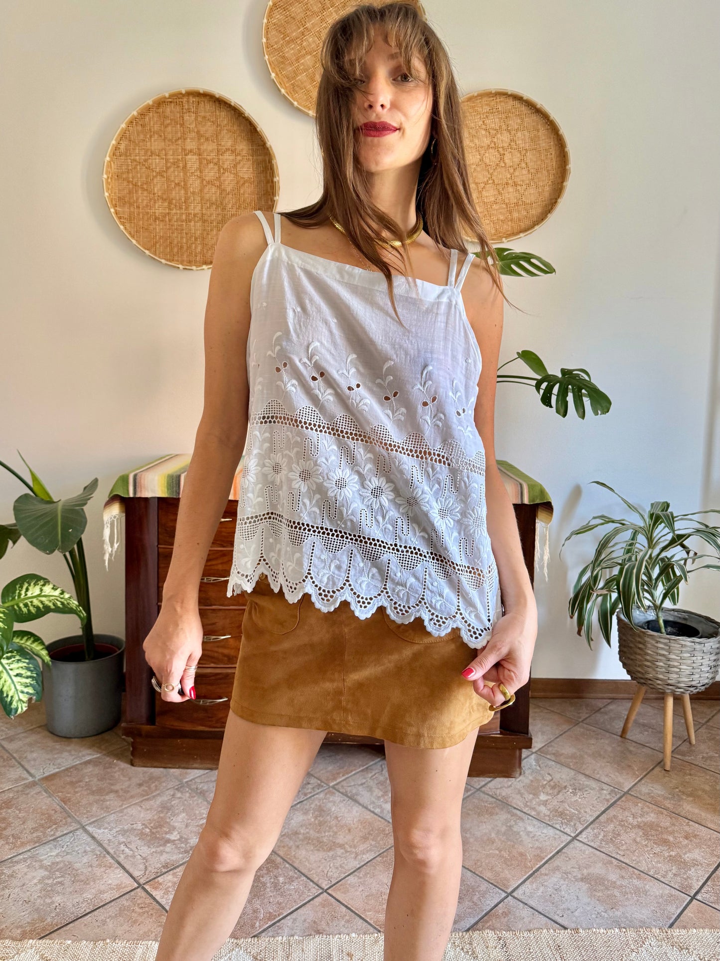 1970's vintage white crocheted and embroidered floral cotton top
