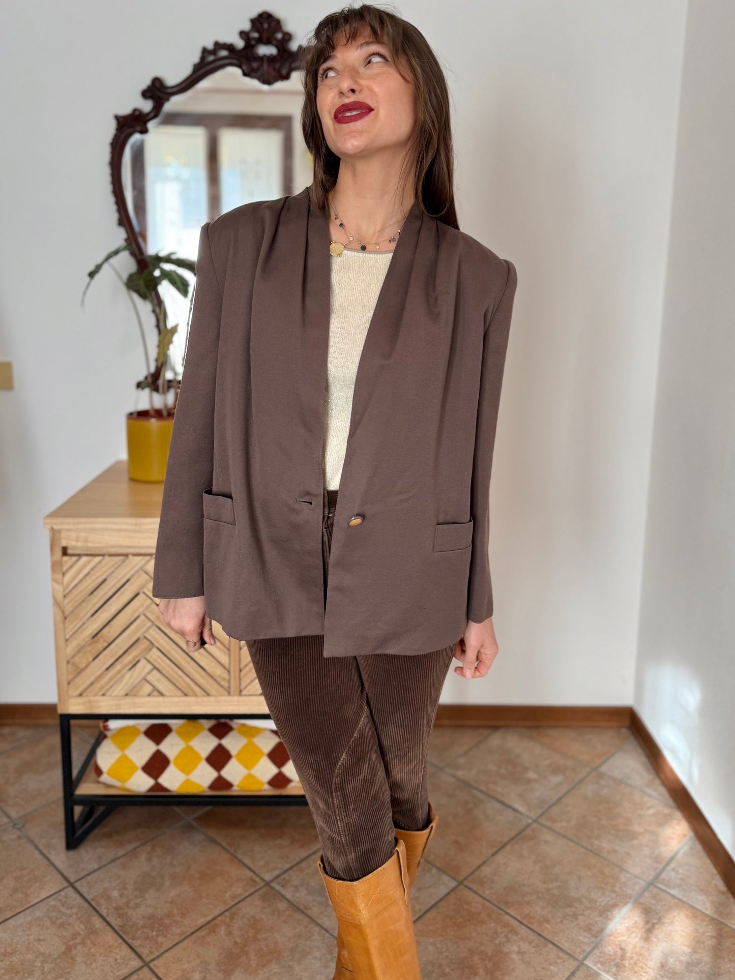 1970's vintage dark khaki brown oversize blazer with pleated shoulder details