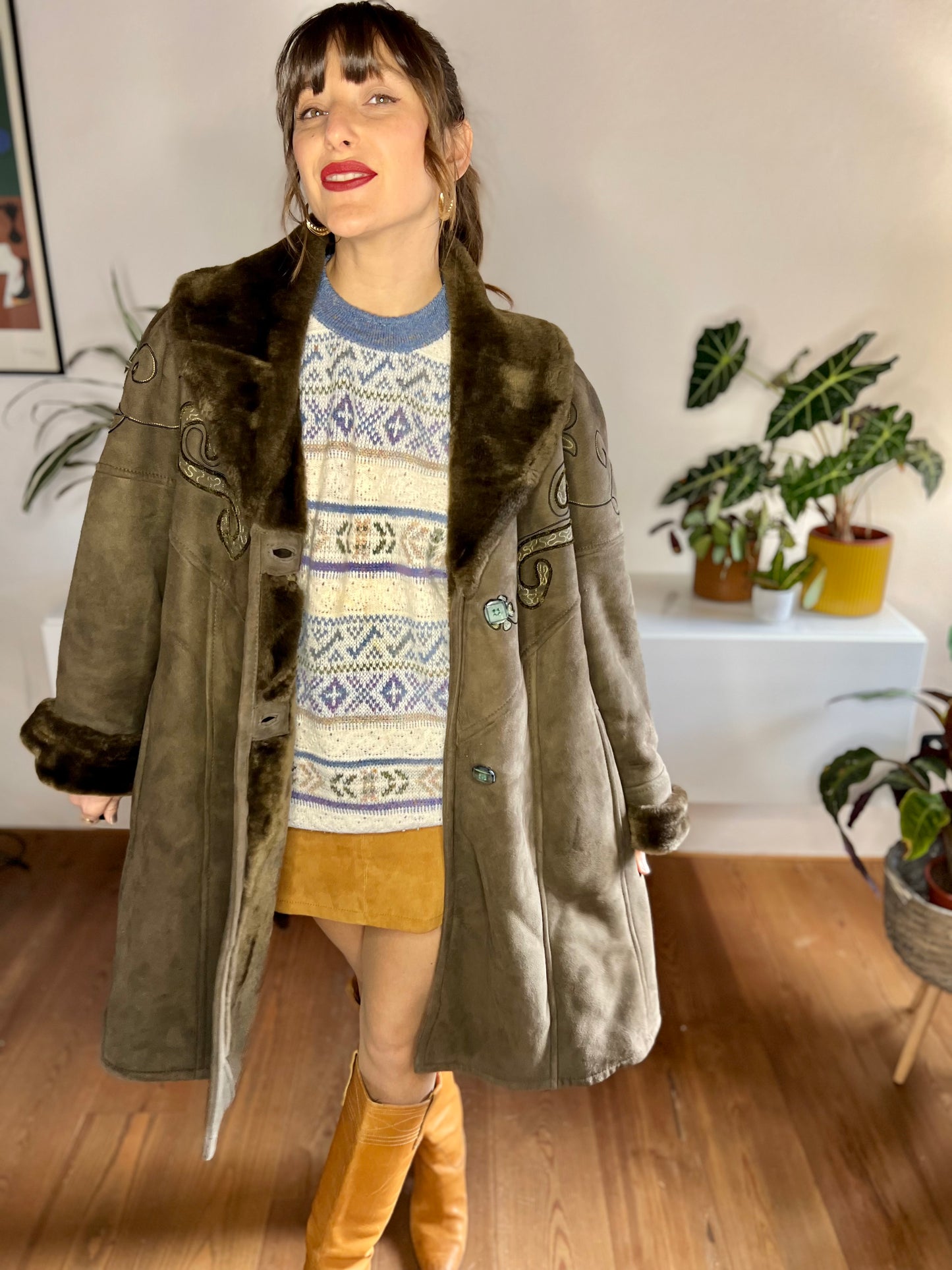 1970's vintage brown embroidered shearling coat