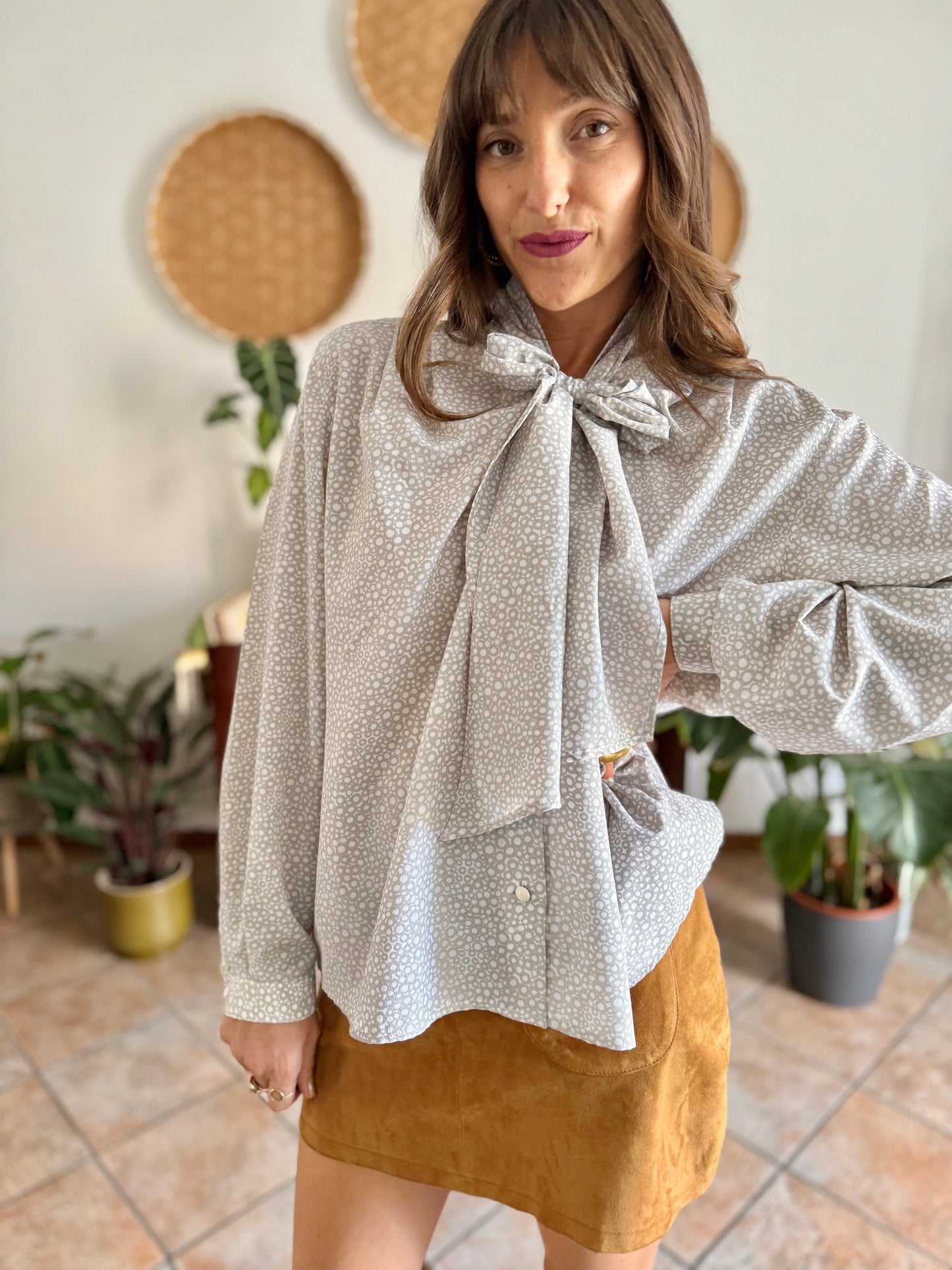 1970's vintage grey and white polkadot bow tie blouse