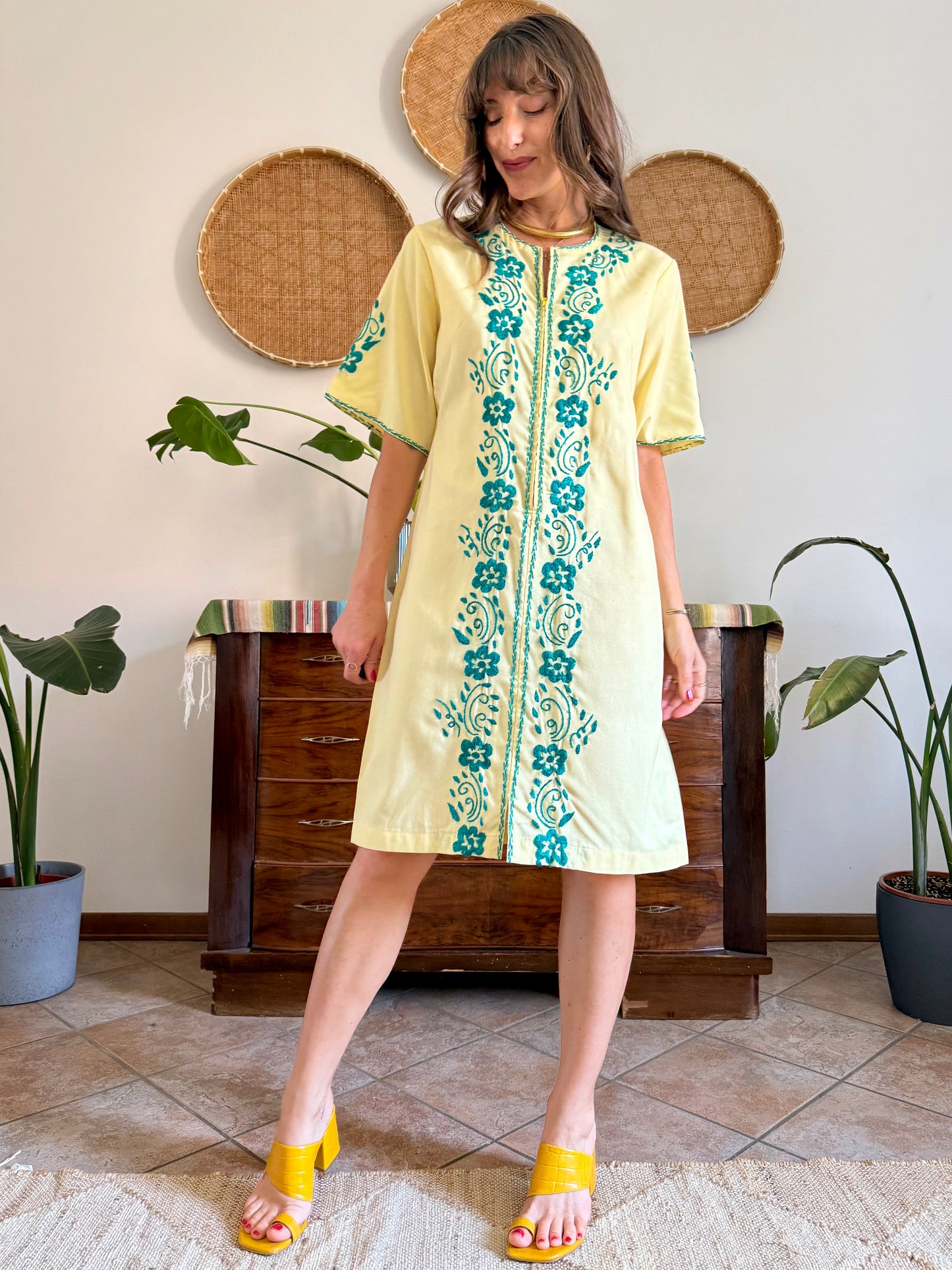 1970's vintage butter yellow cotton midi dress with green floral embroidery