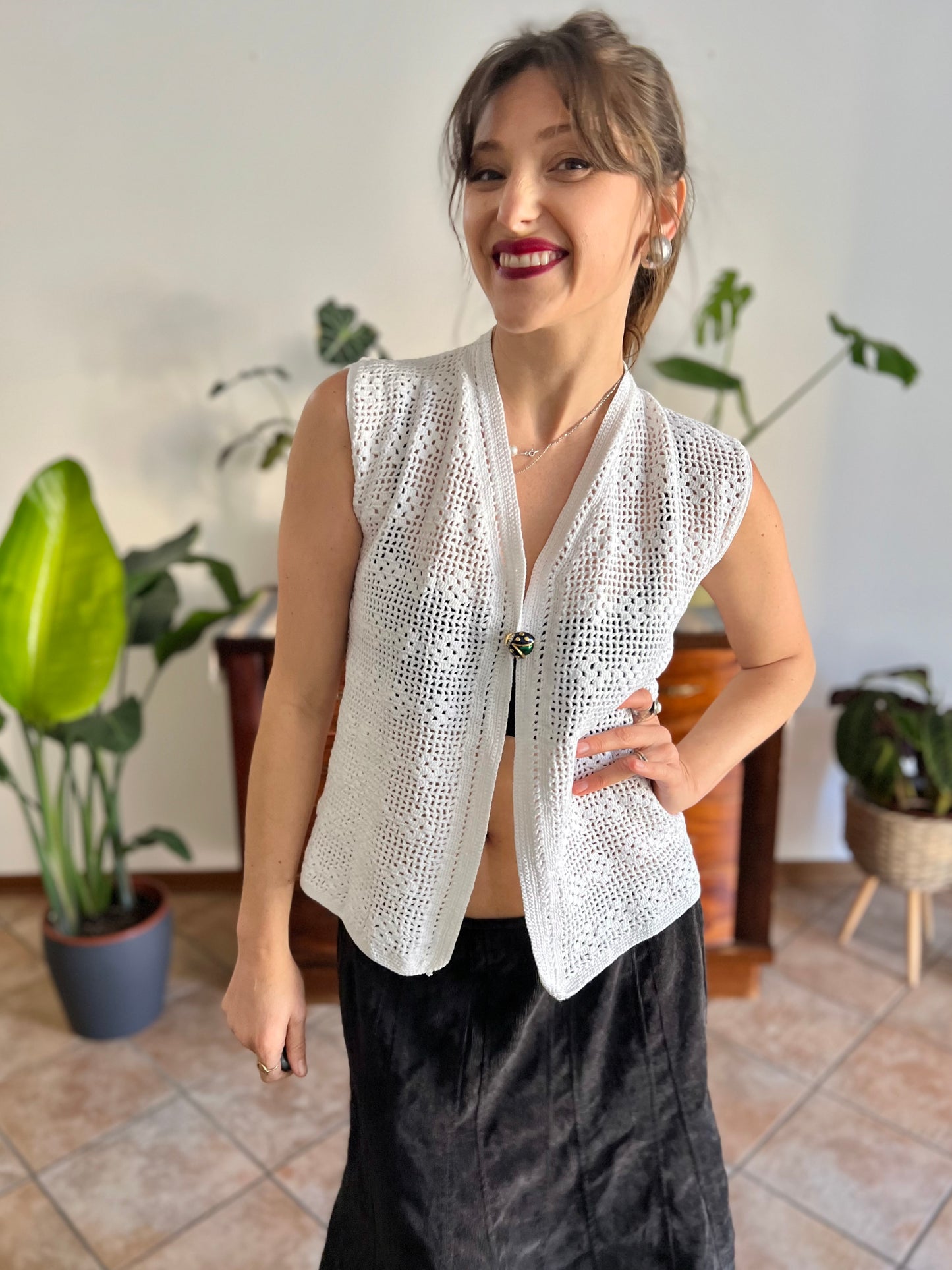 1970's vintage hand crocheted white vest with blue and green lady bug pin closure