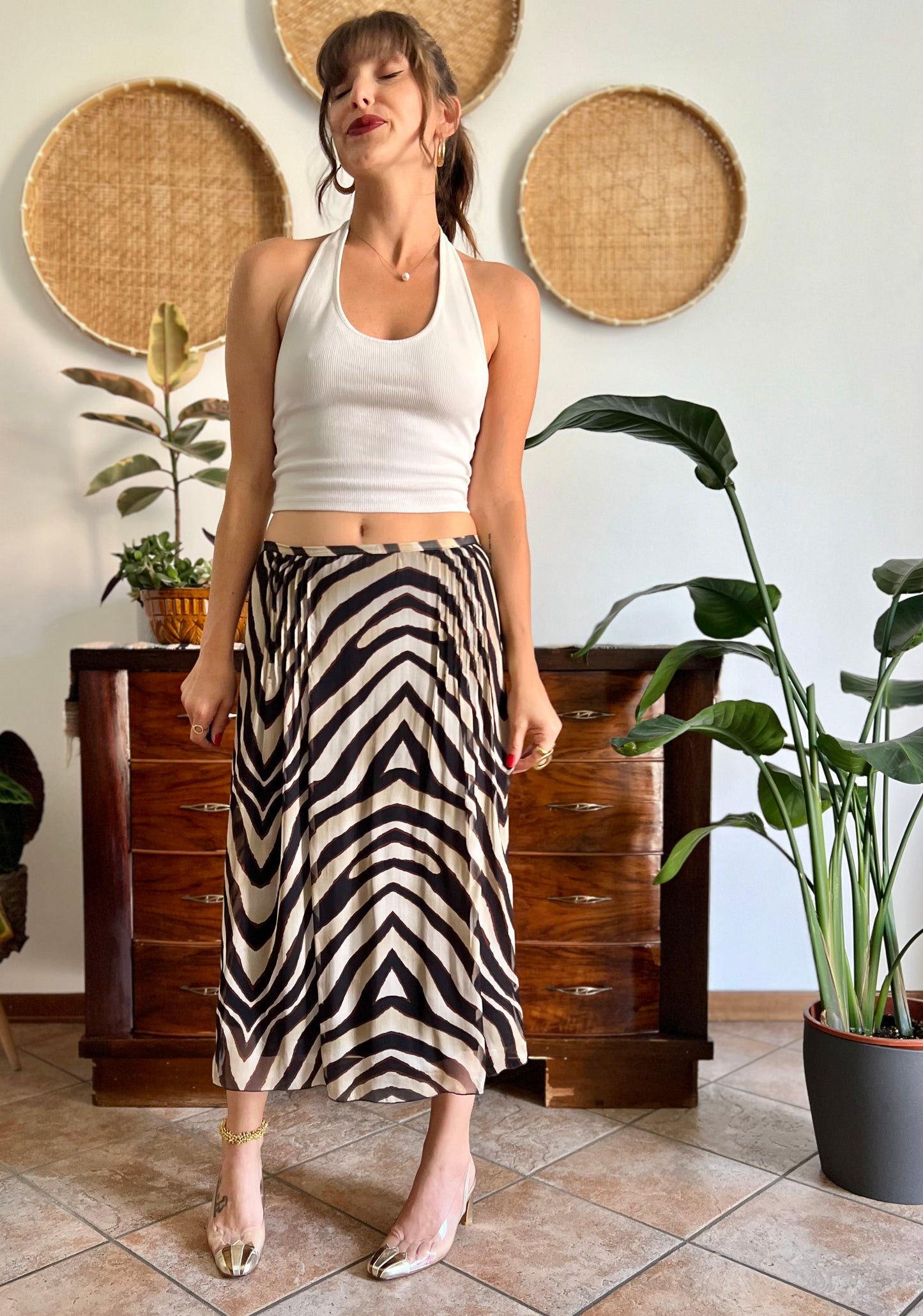 1990's vintage zebra print low waisted silk midi skirt