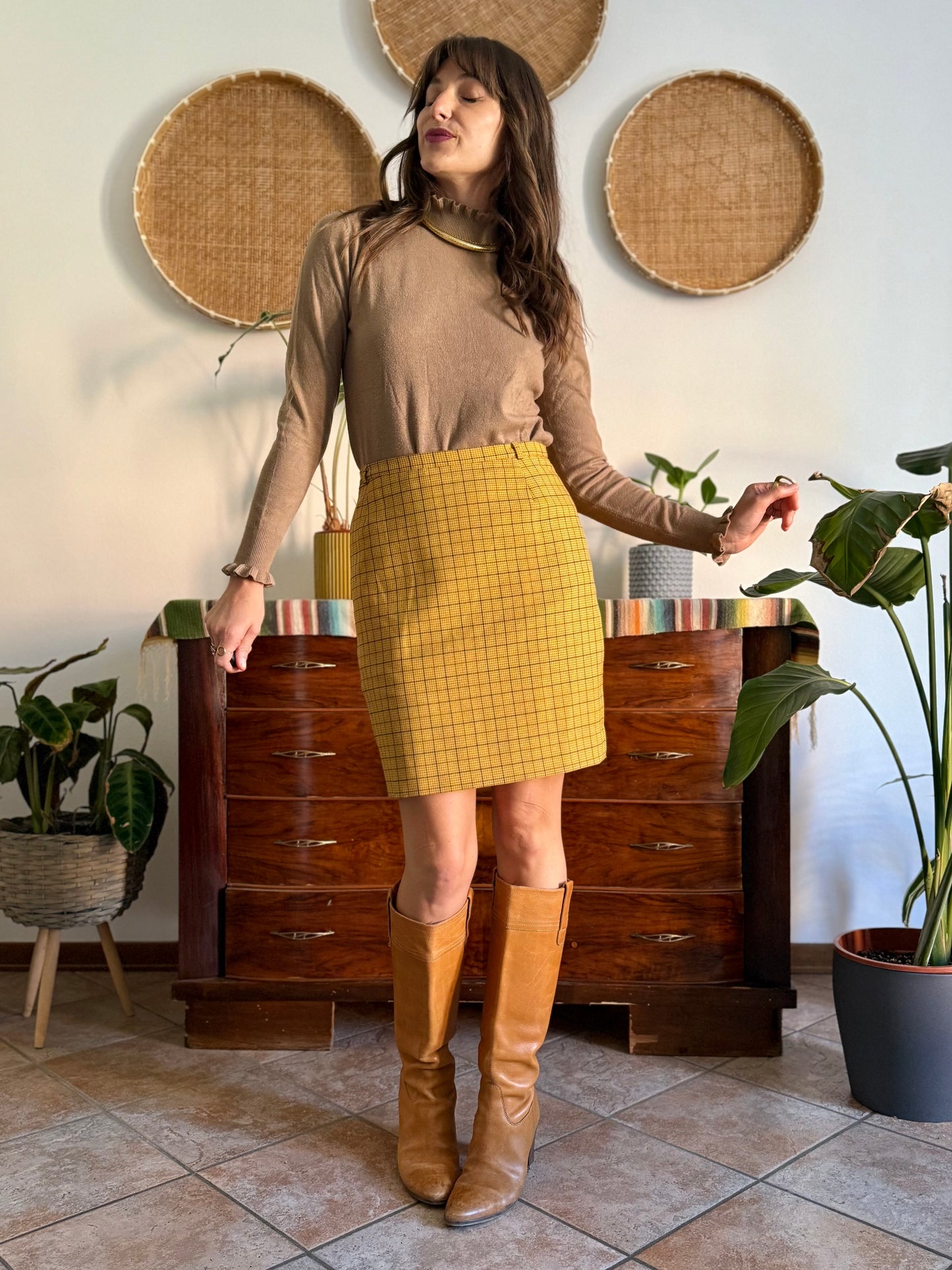 1970’s vintage mustard yellow and grey herringbone mini skirt