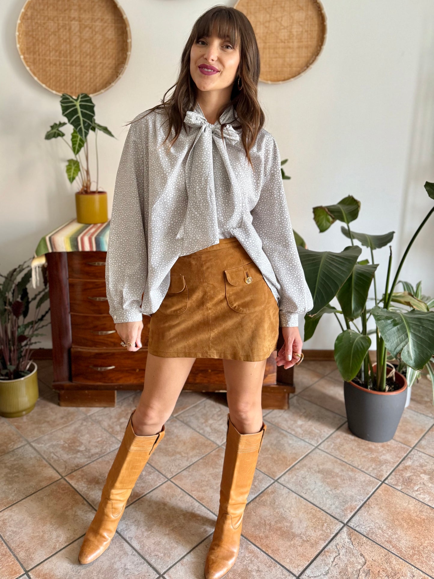 1970's vintage grey and white polkadot bow tie blouse