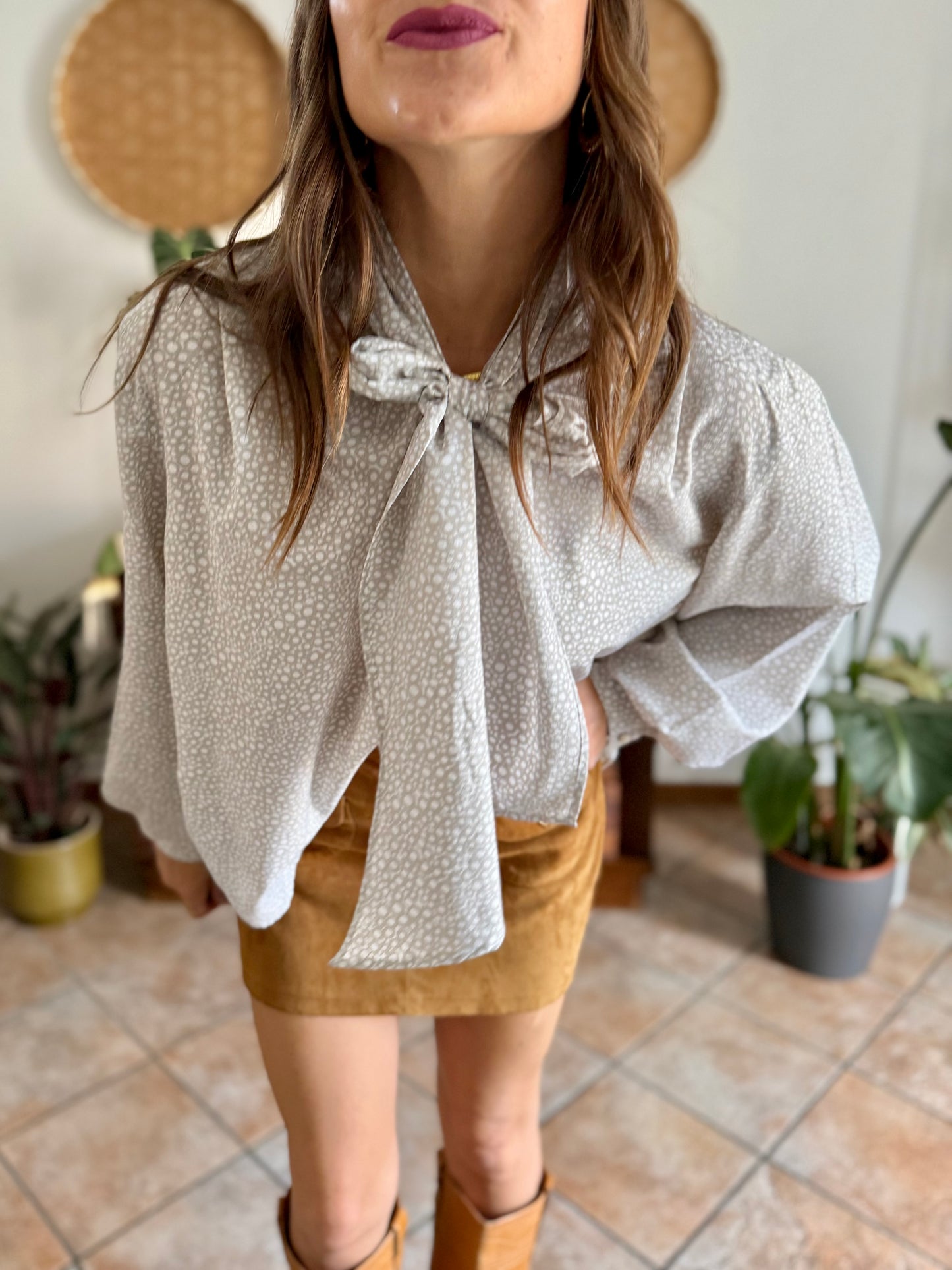 1970's vintage grey and white polkadot bow tie blouse