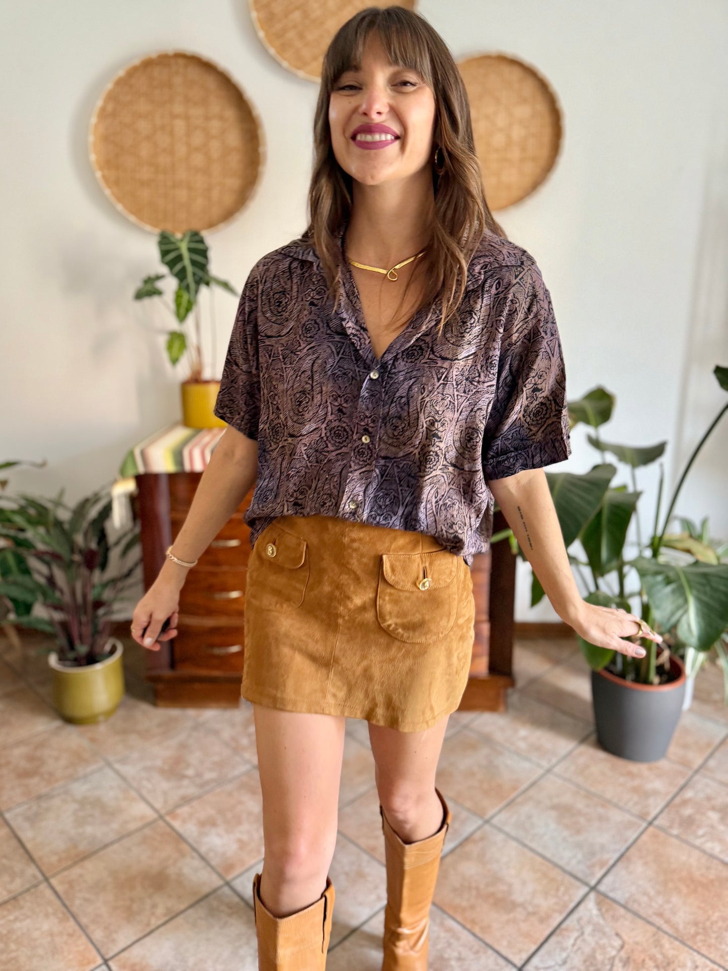 1970's vintage purple, tan and black abstract paisley print