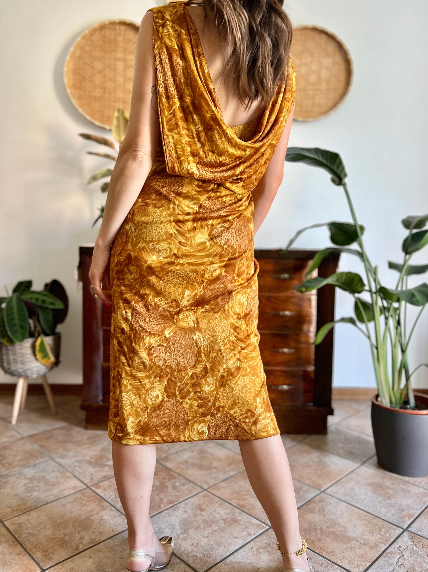 1960's vintage tan and mustard yellow floral print midi dress with cowl back