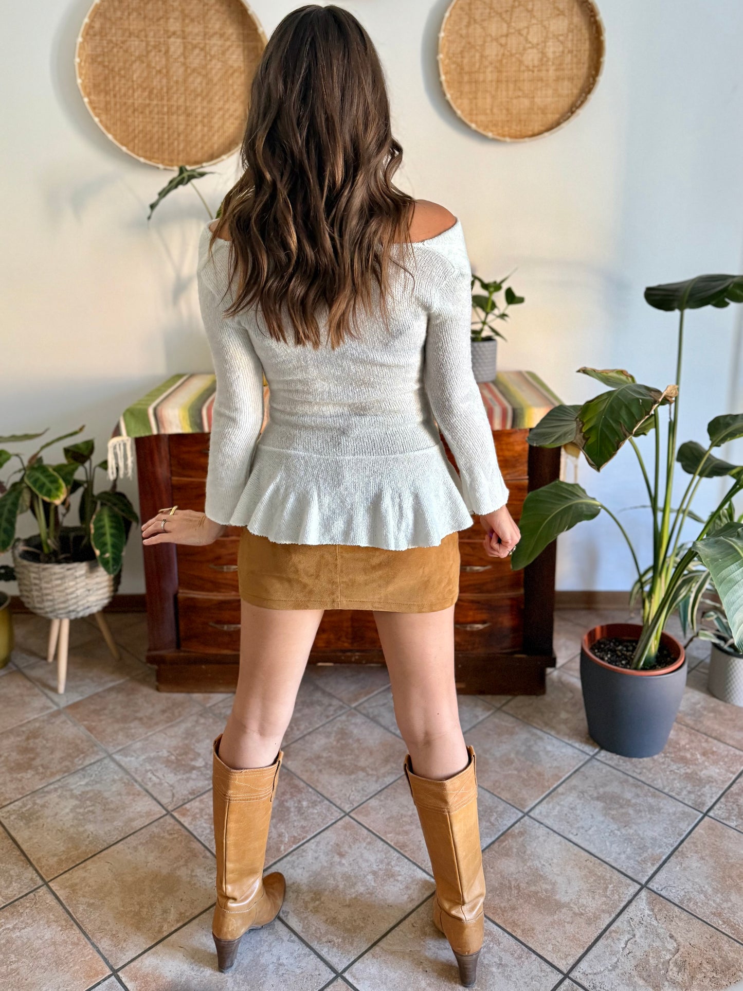 Y2K vintage asymmetrical cream mohair blend knit pullover with belt detail