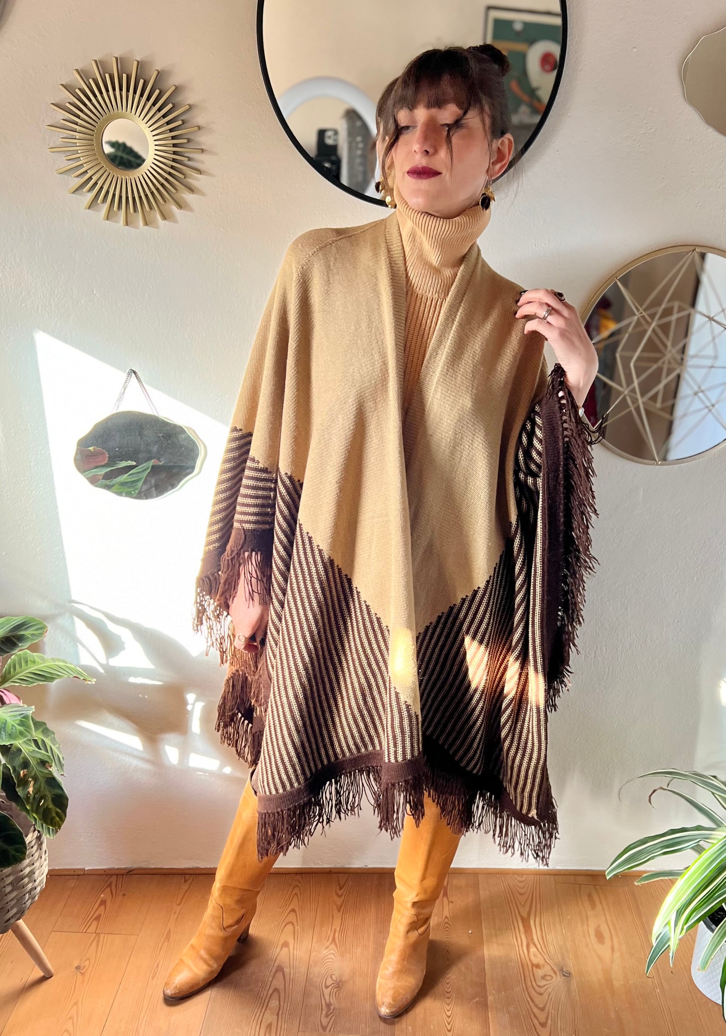 1970's vintage hand knit tan and chocolate brown geometric knit poncho with fringe detail