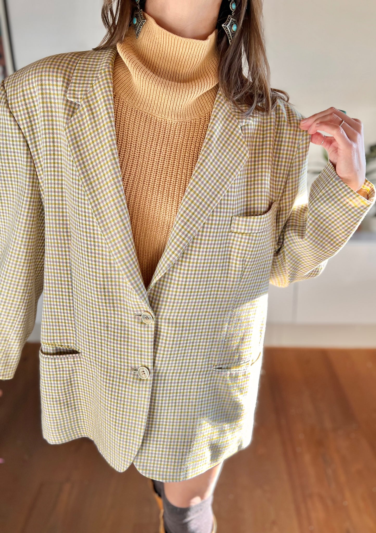 1970's vintage mint and pink oversize plaid wool blazer