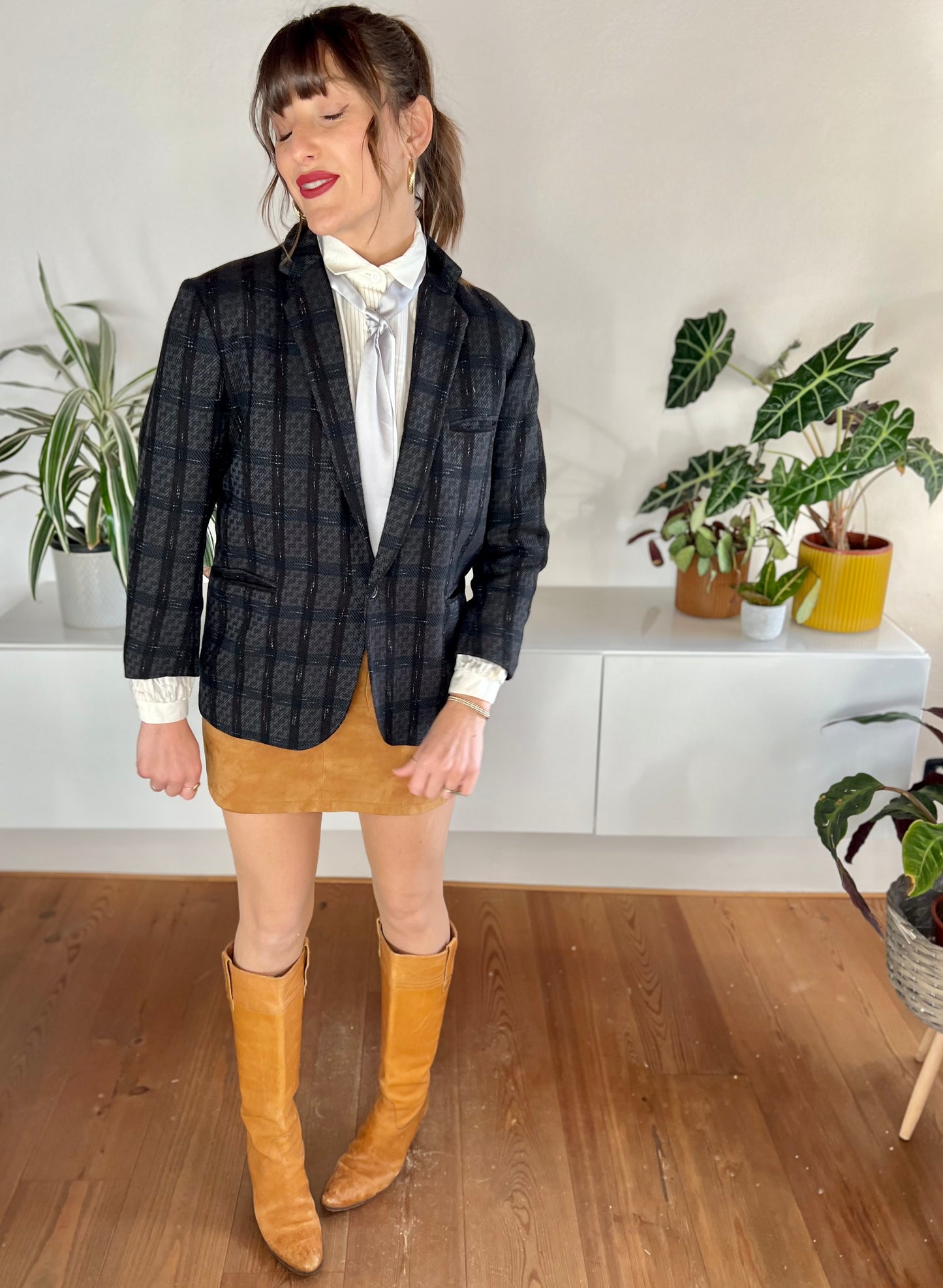 1970's black and blue tailored wool plaid blazer