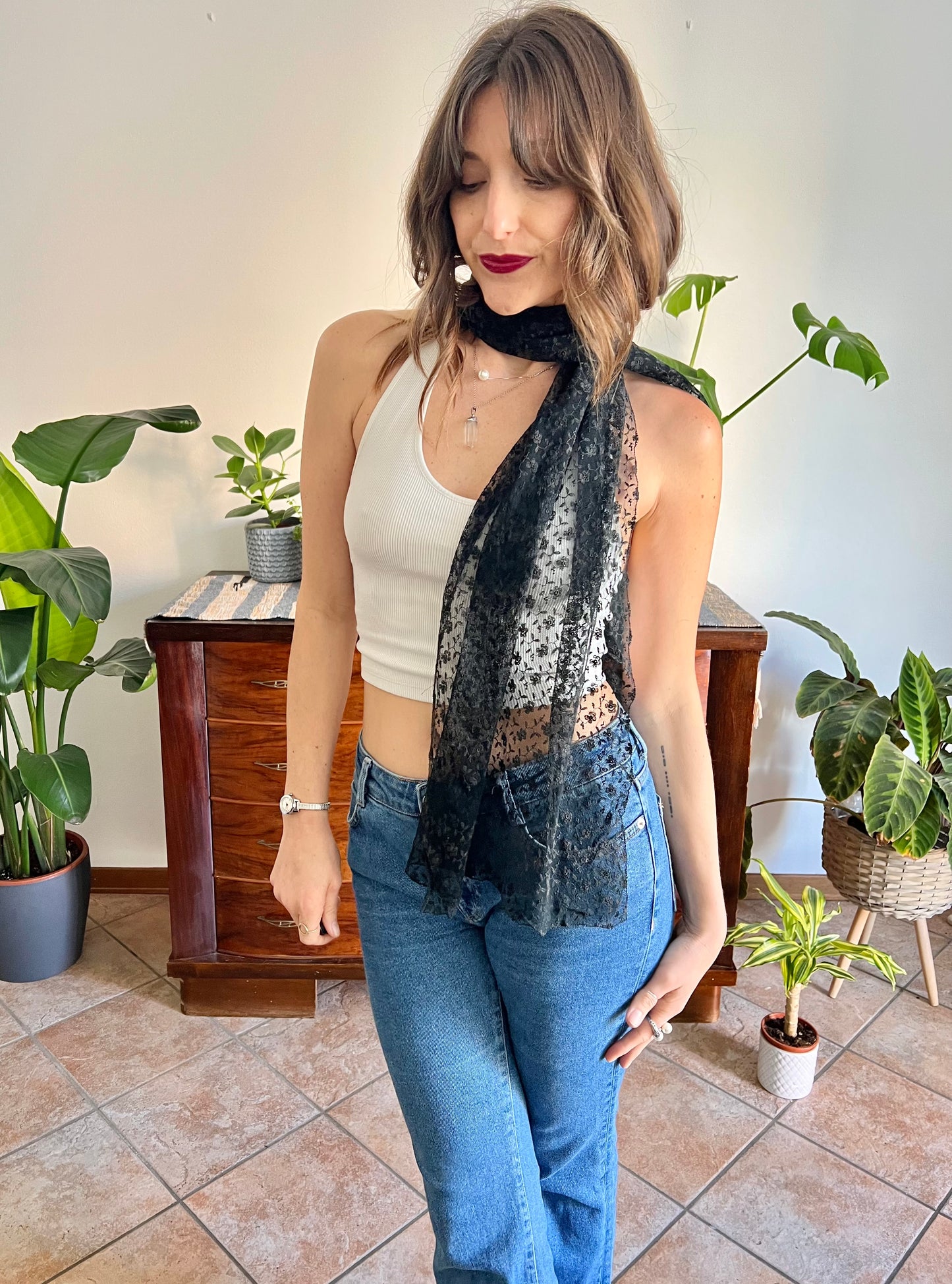 1950's vintage hand made black lace scarf