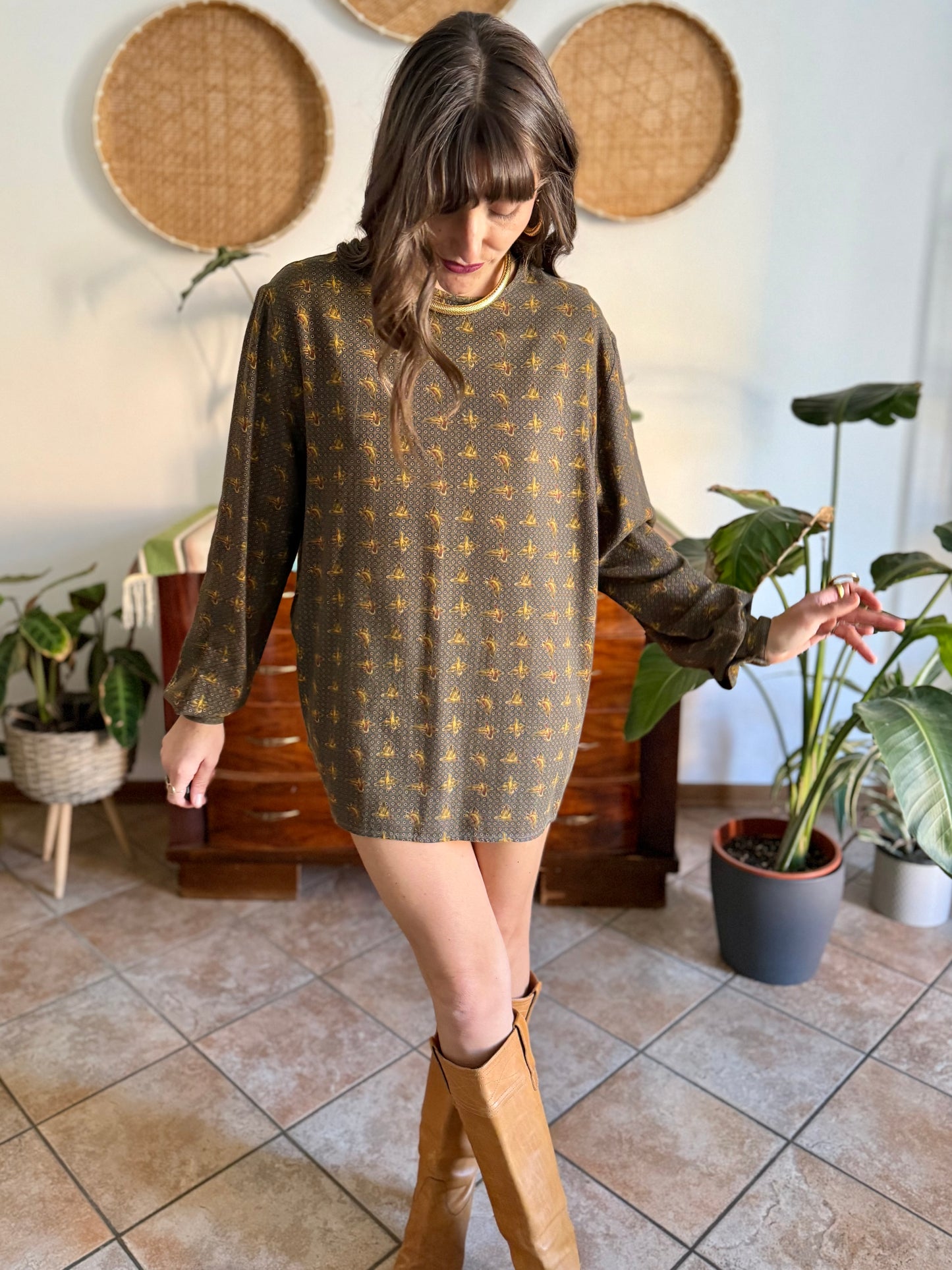 1970’s vintage Emporio Armani dark green, navy and burgundy duck print shirt dress