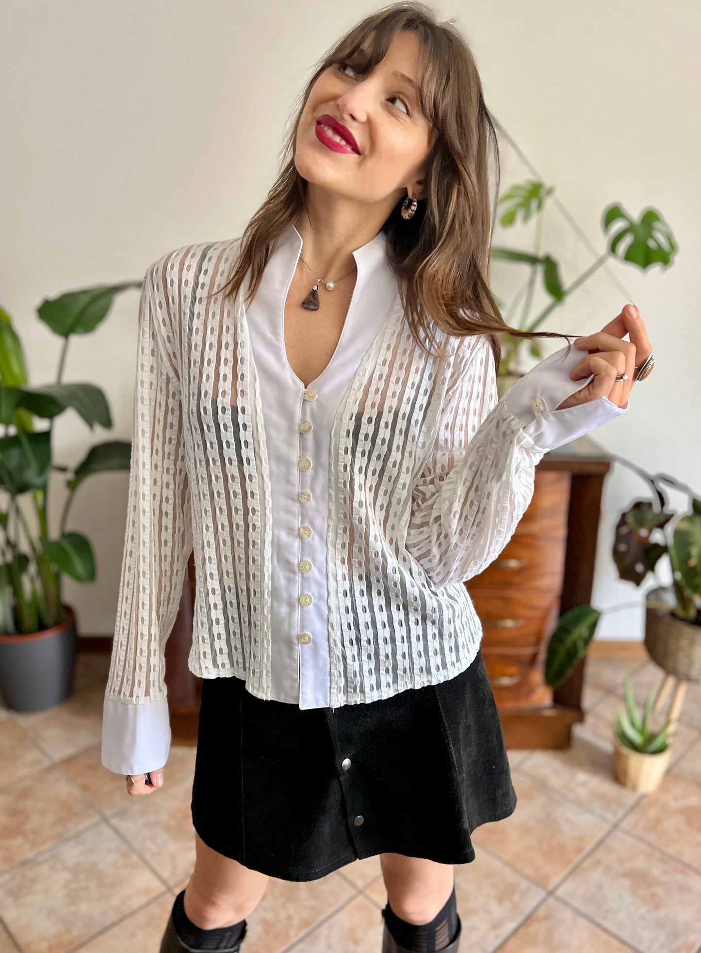 1970's vintage white and cream sheer textured blouse