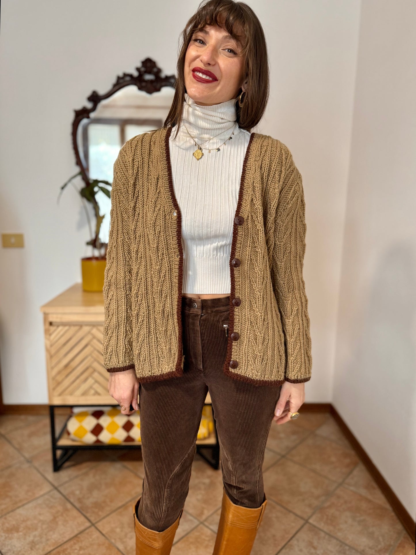 1970’s vintage tan hand knit wool cardigan with chocolate brown stitch trimming