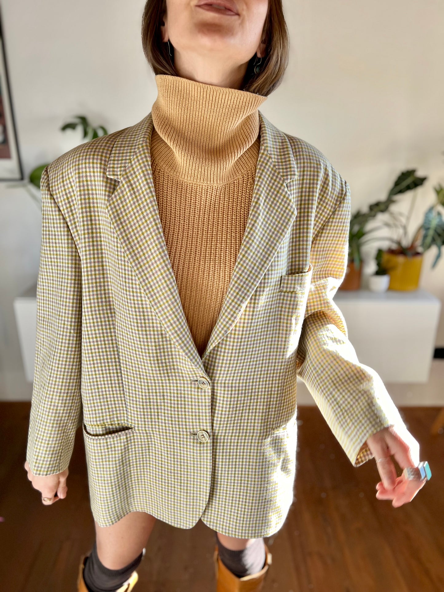 1970's vintage mint and pink oversize plaid wool blazer