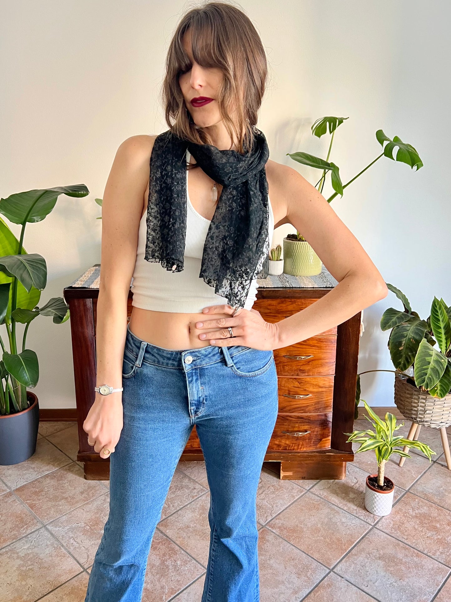 1950's vintage hand made black lace scarf