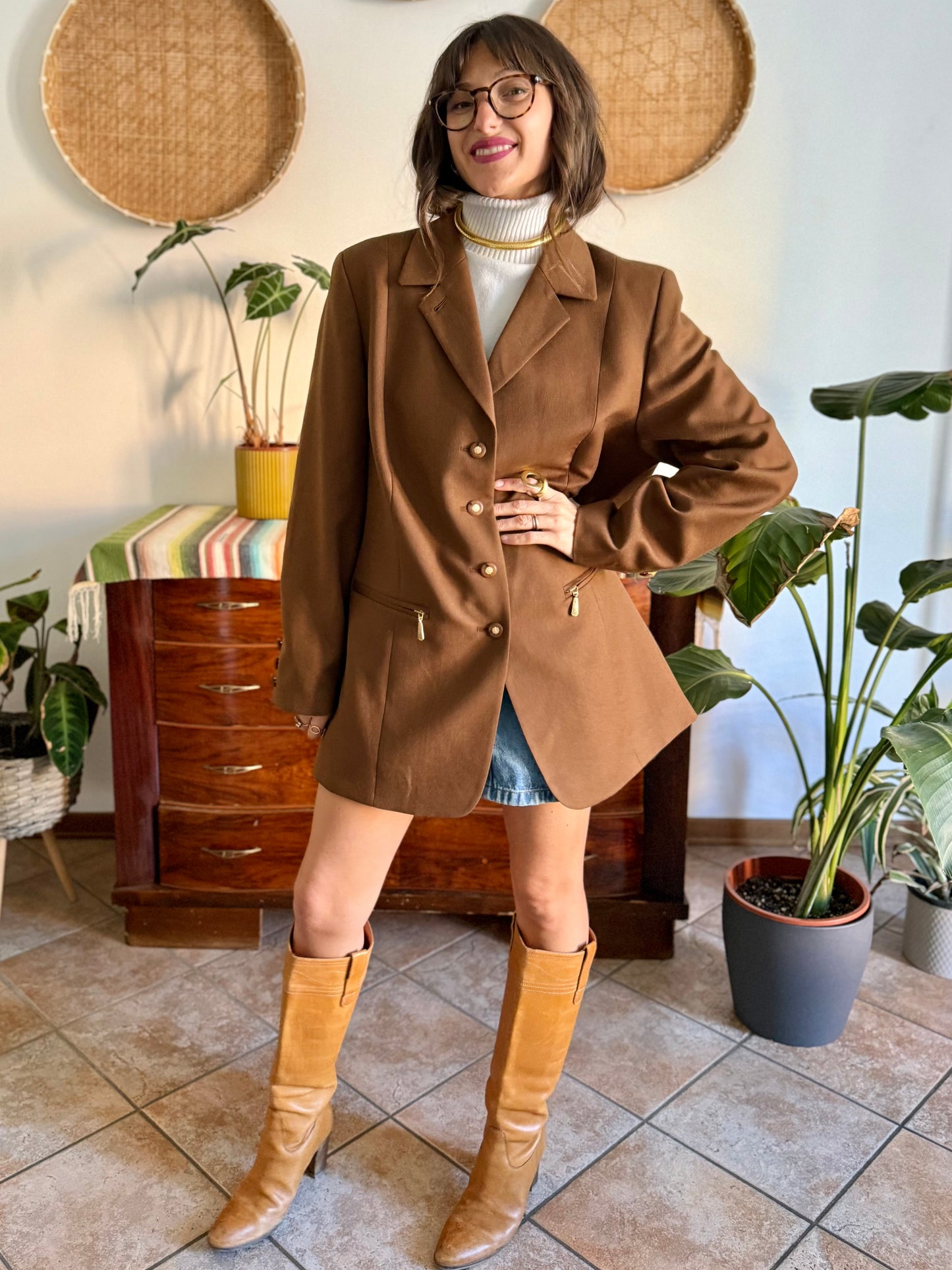 1970's vintage chocolate brown oversize wool jacket with gold metal details