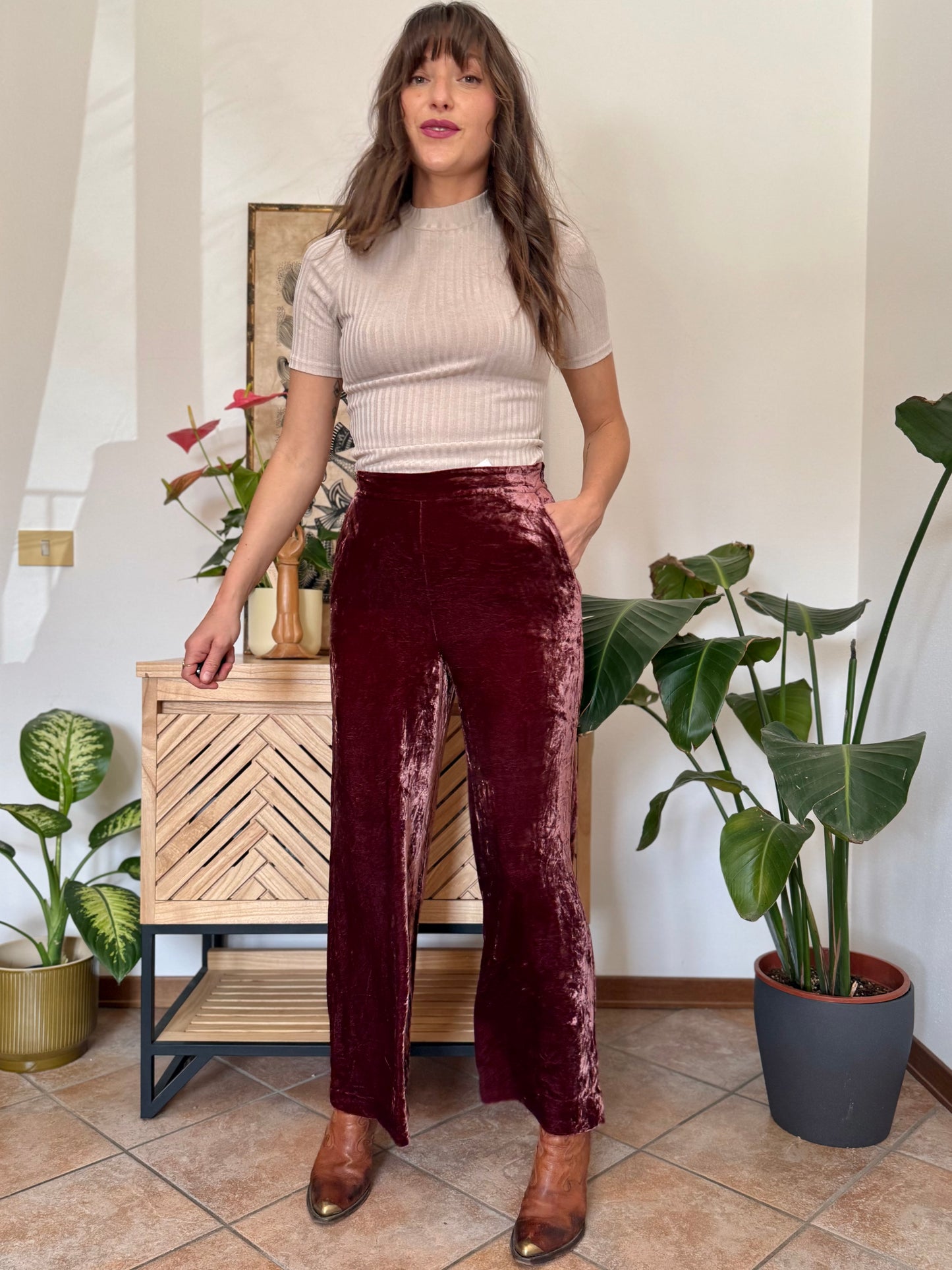 Burgundy crushed velvet wide leg trousers