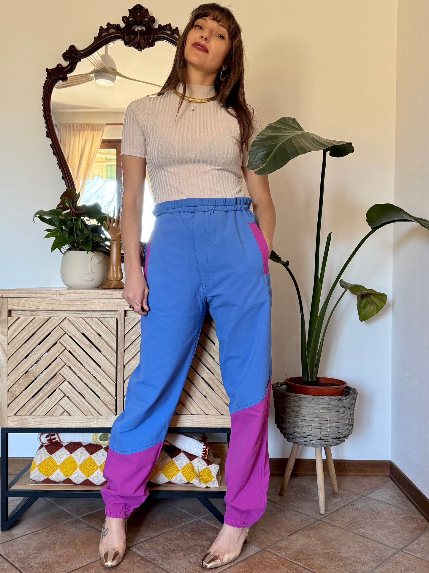 1990’s vintage blue and fuchsia wind breaker pants