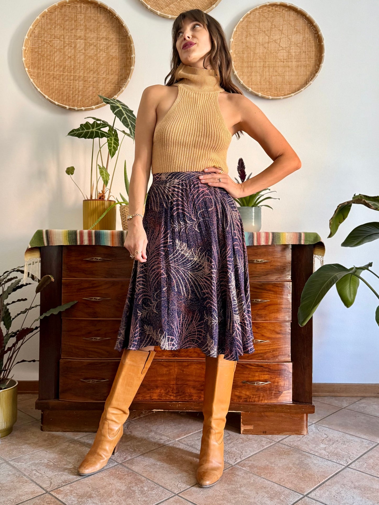 1970's vintage navy blue silk skirt with pink and cream abstract print