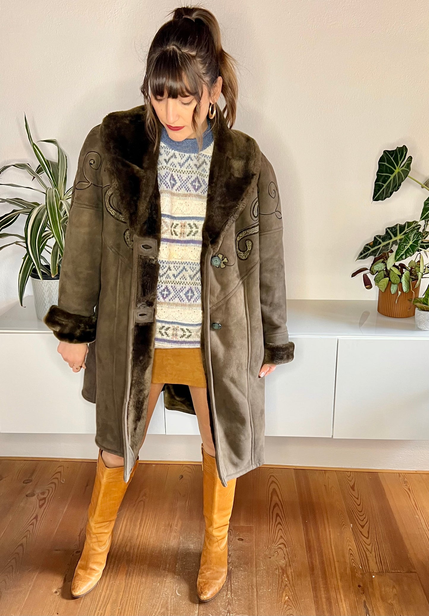 1970's vintage brown embroidered shearling coat