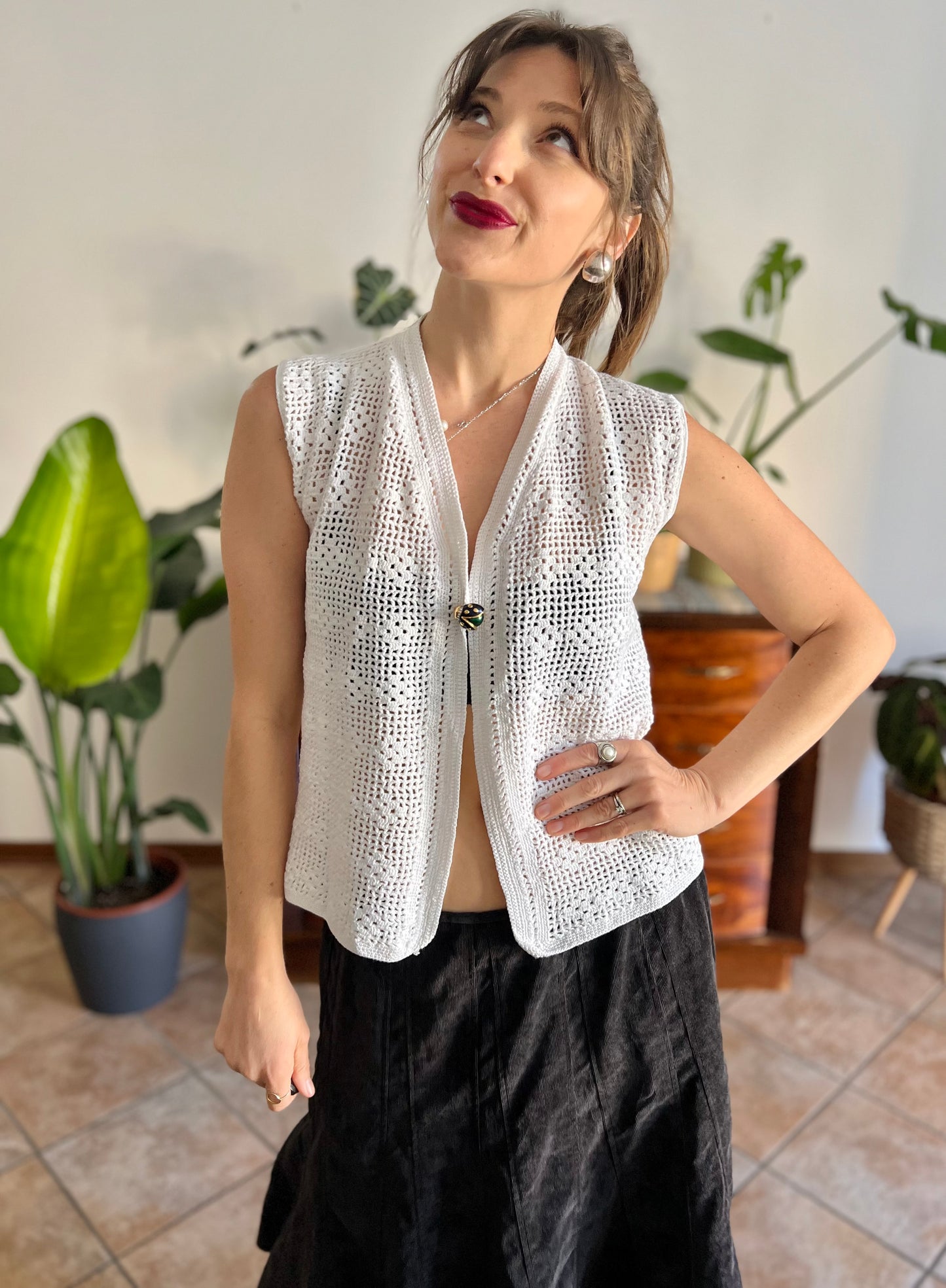 1970's vintage hand crocheted white vest with blue and green lady bug pin closure