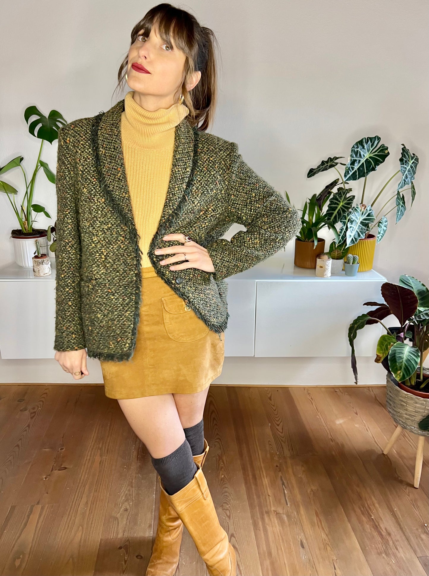 1970's vintage green wool blend green boucle blazer with fringe detail