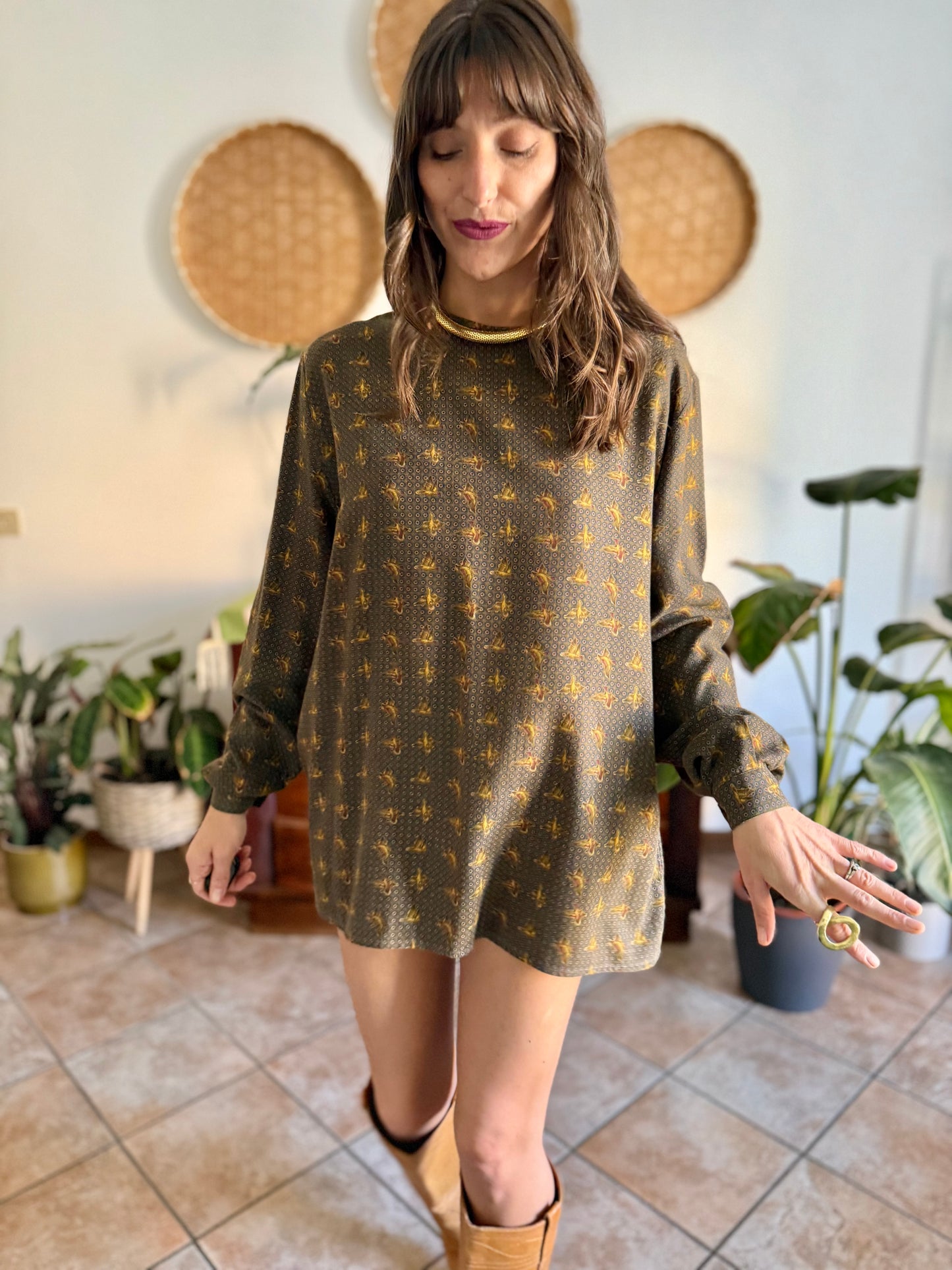 1970’s vintage Emporio Armani dark green, navy and burgundy duck print shirt dress