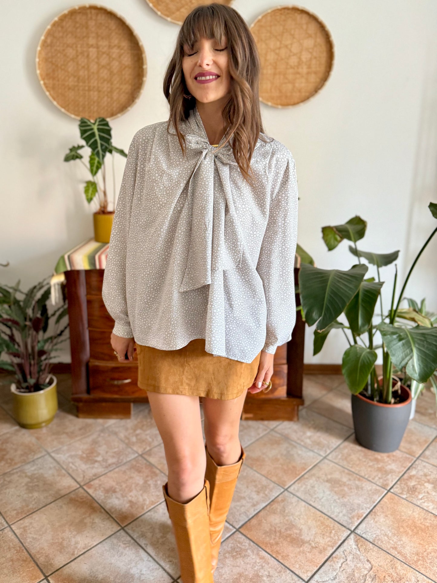 1970's vintage grey and white polkadot bow tie blouse
