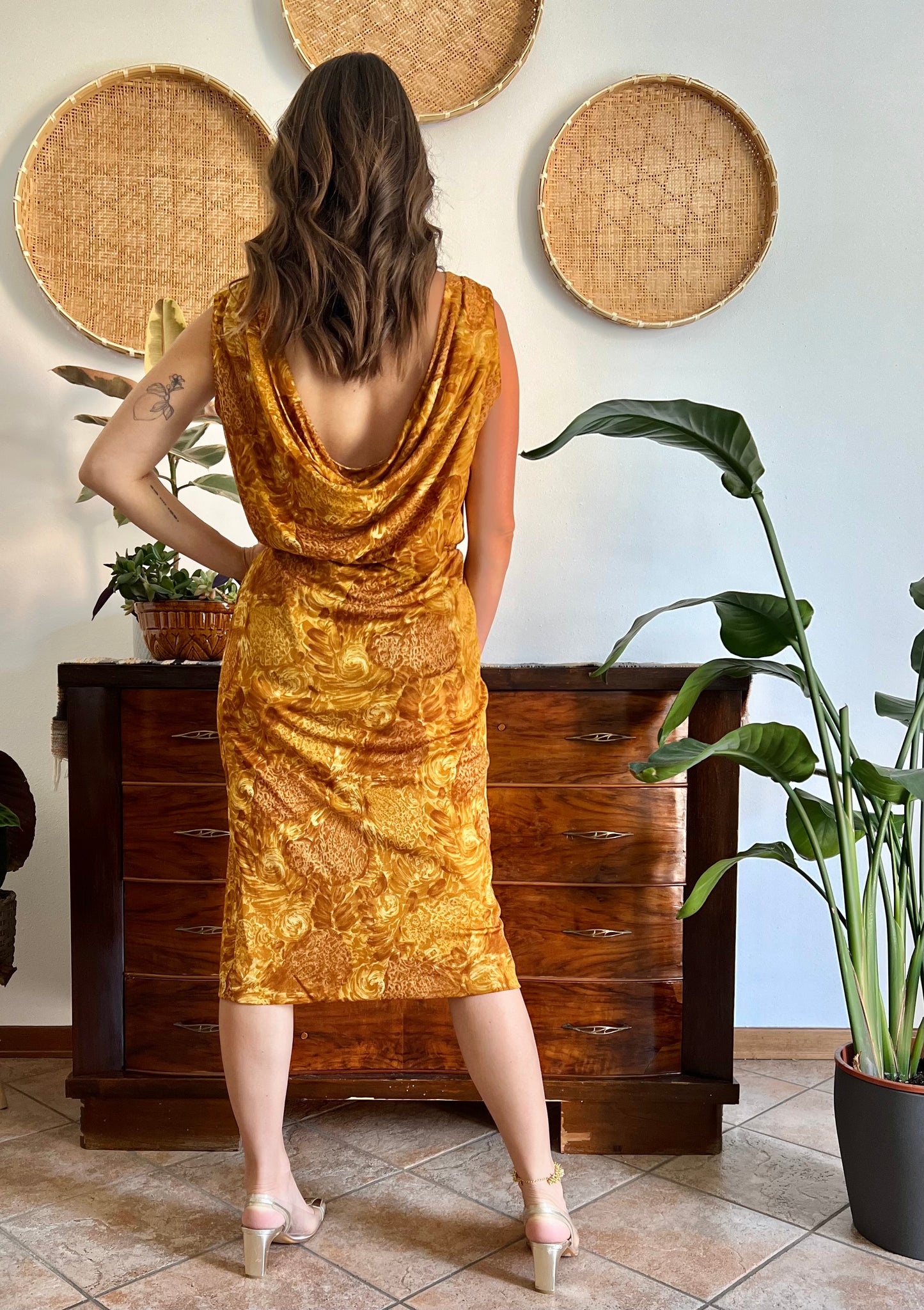 1960's vintage tan and mustard yellow floral print midi dress with cowl back
