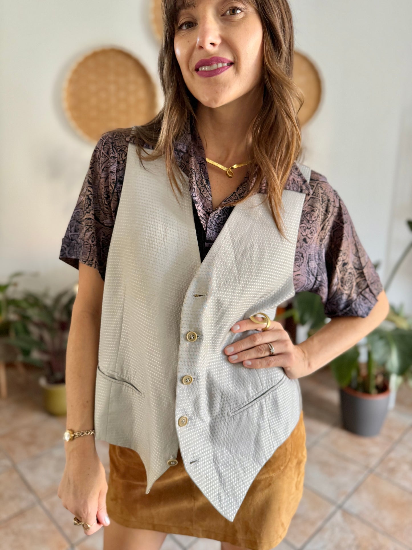 1970's vintage oversize square silver texture vest