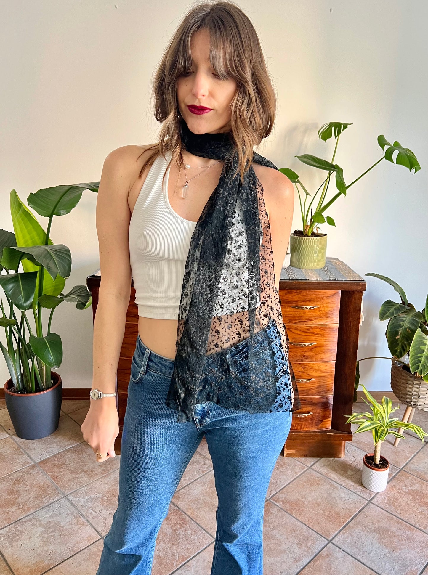 1950's vintage hand made black lace scarf