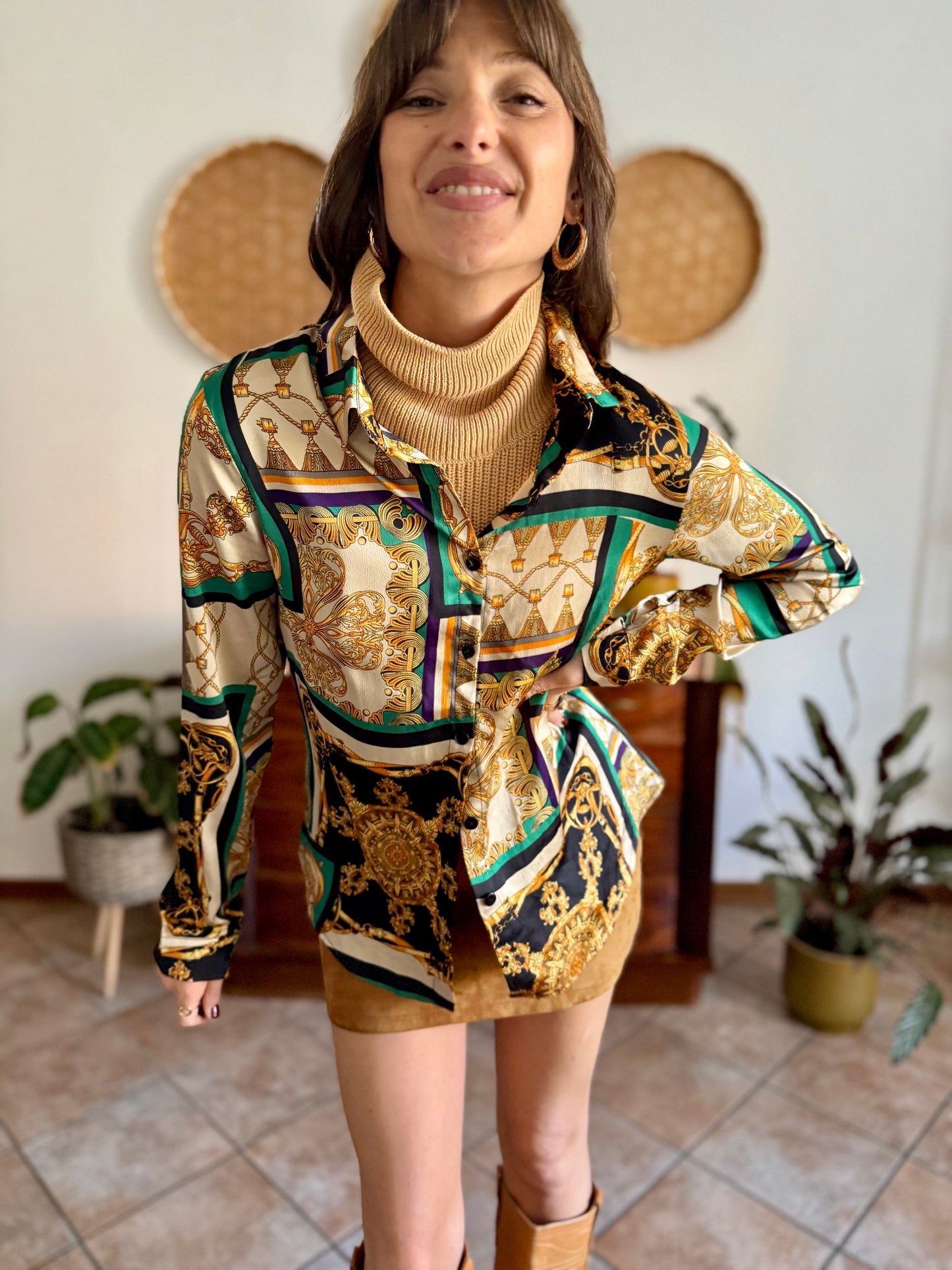 1990's vintage gold, green and yellow satin tassel print blouse