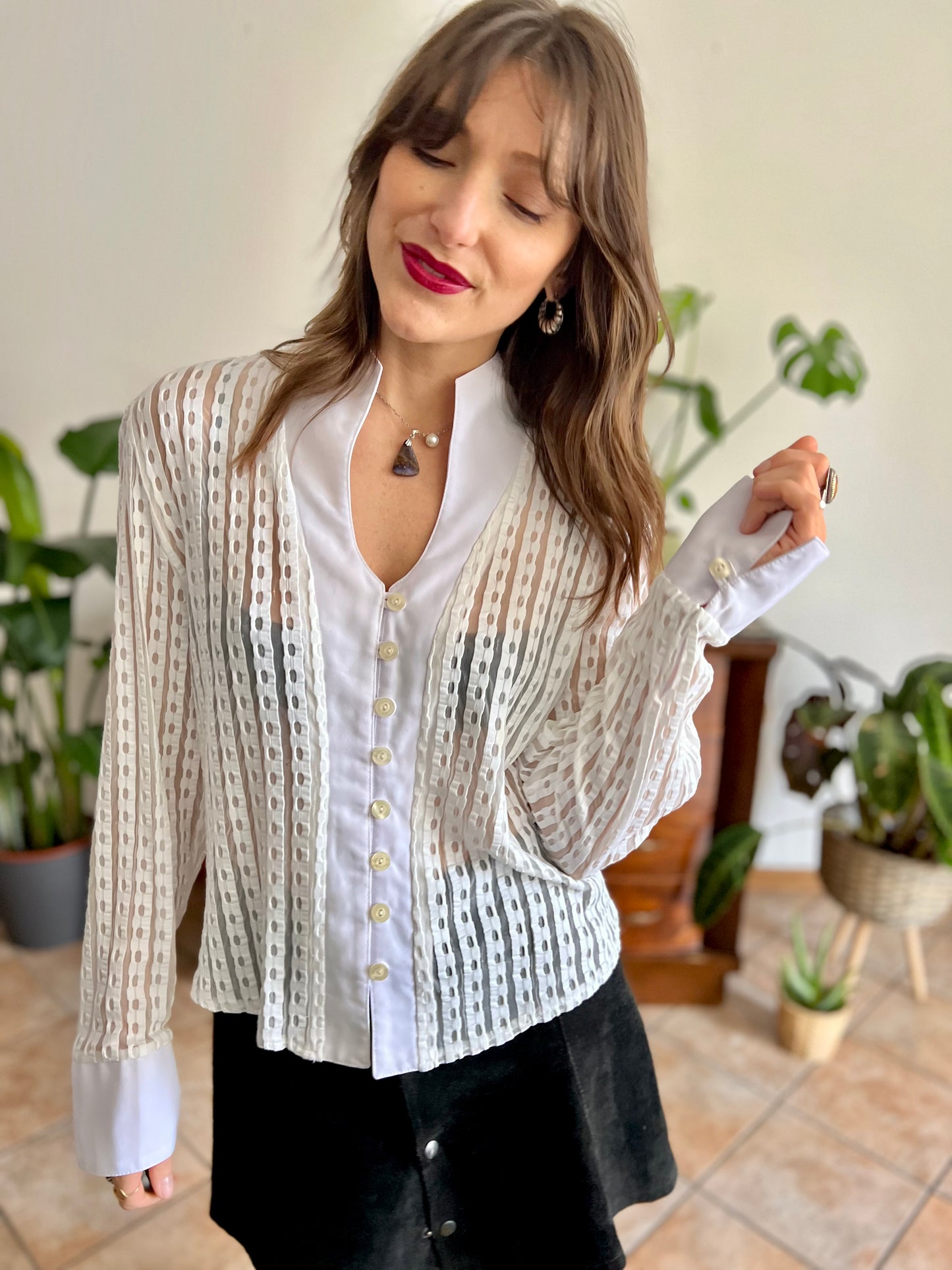 1970's vintage white and cream sheer textured blouse
