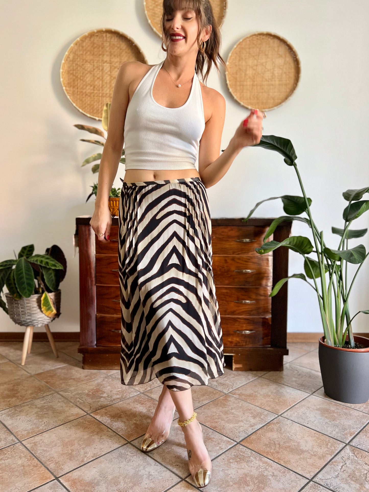 1990's vintage zebra print low waisted silk midi skirt