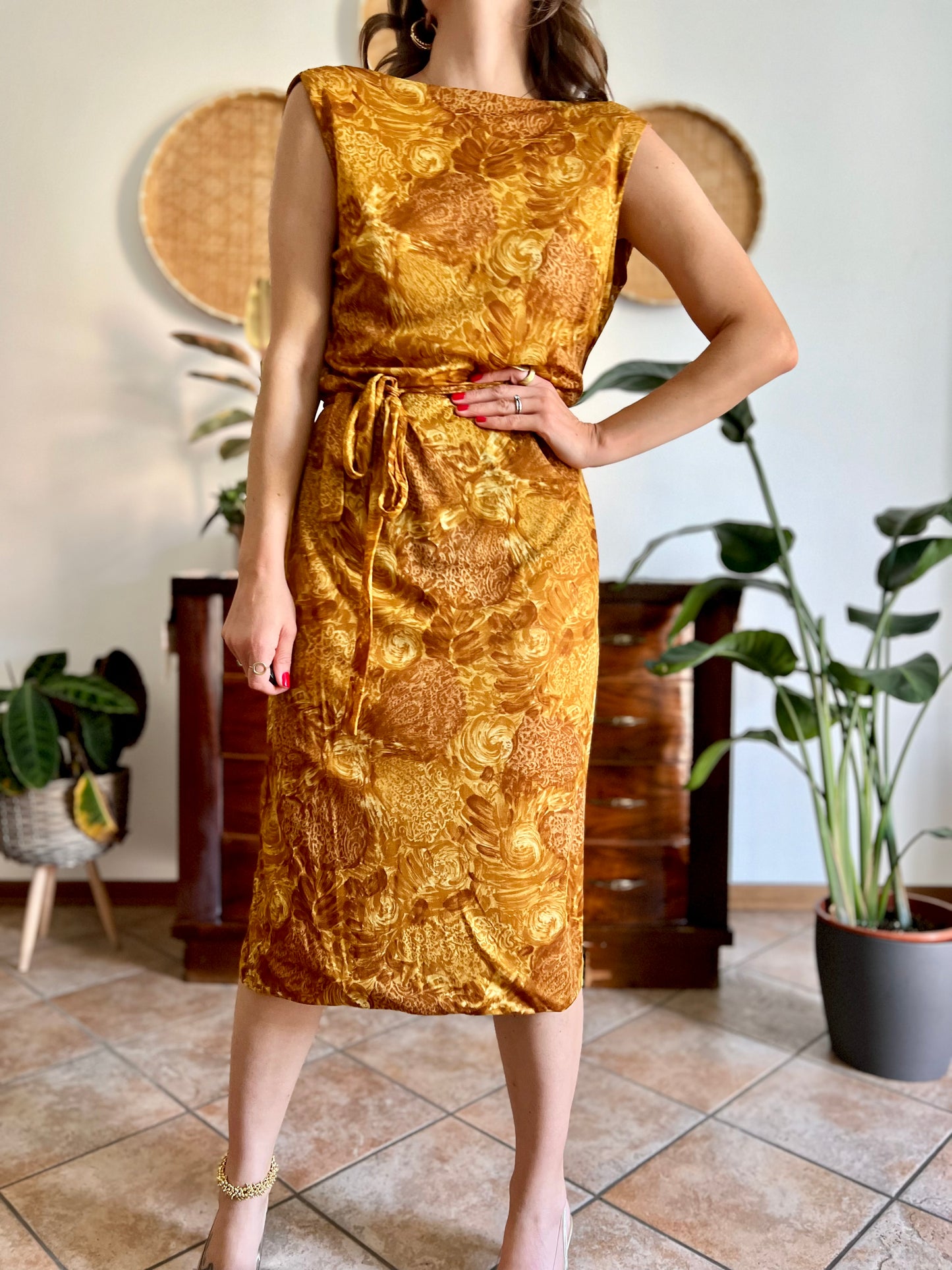 1960's vintage tan and mustard yellow floral print midi dress with cowl back