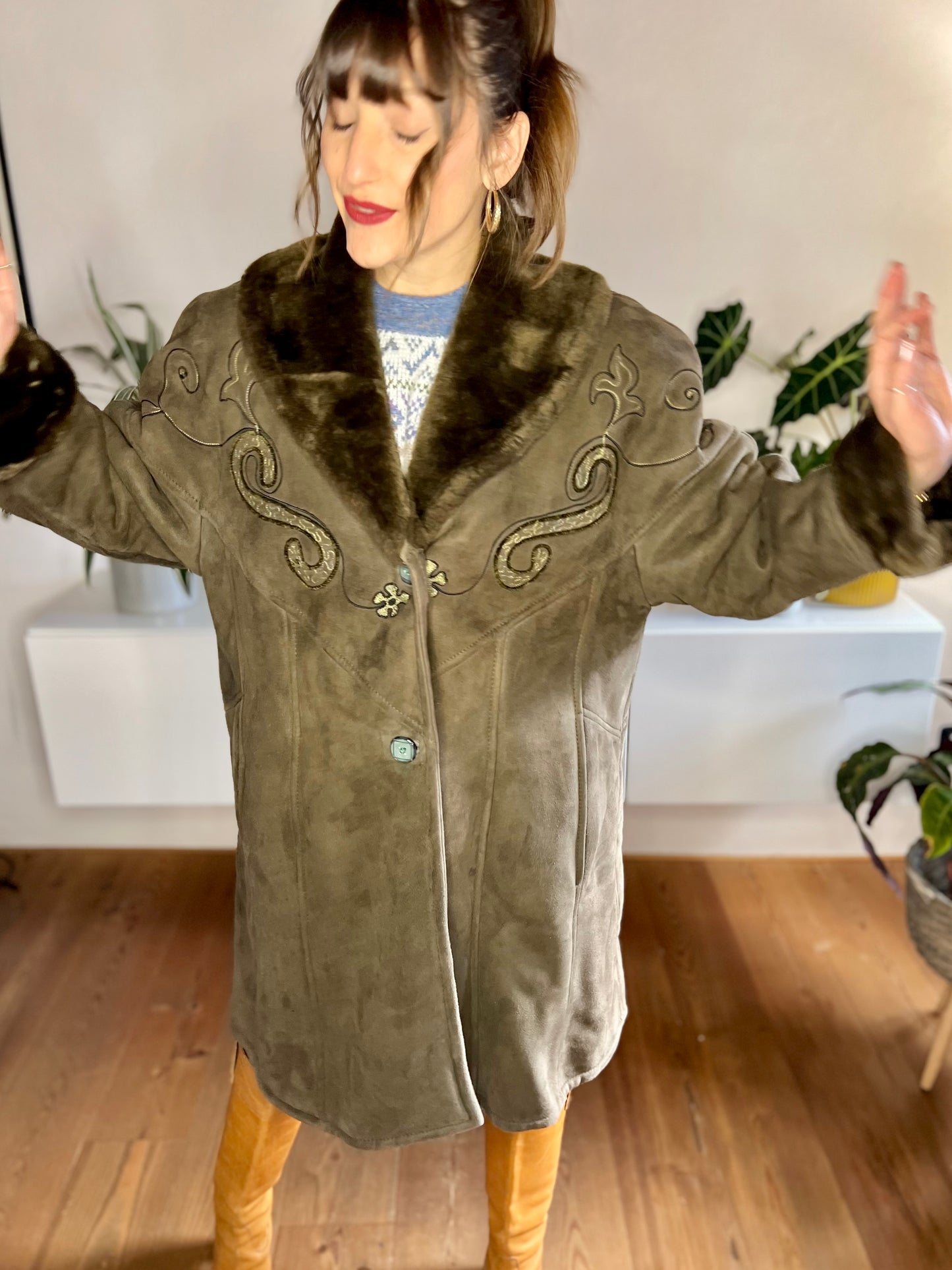 1970's vintage brown embroidered shearling coat