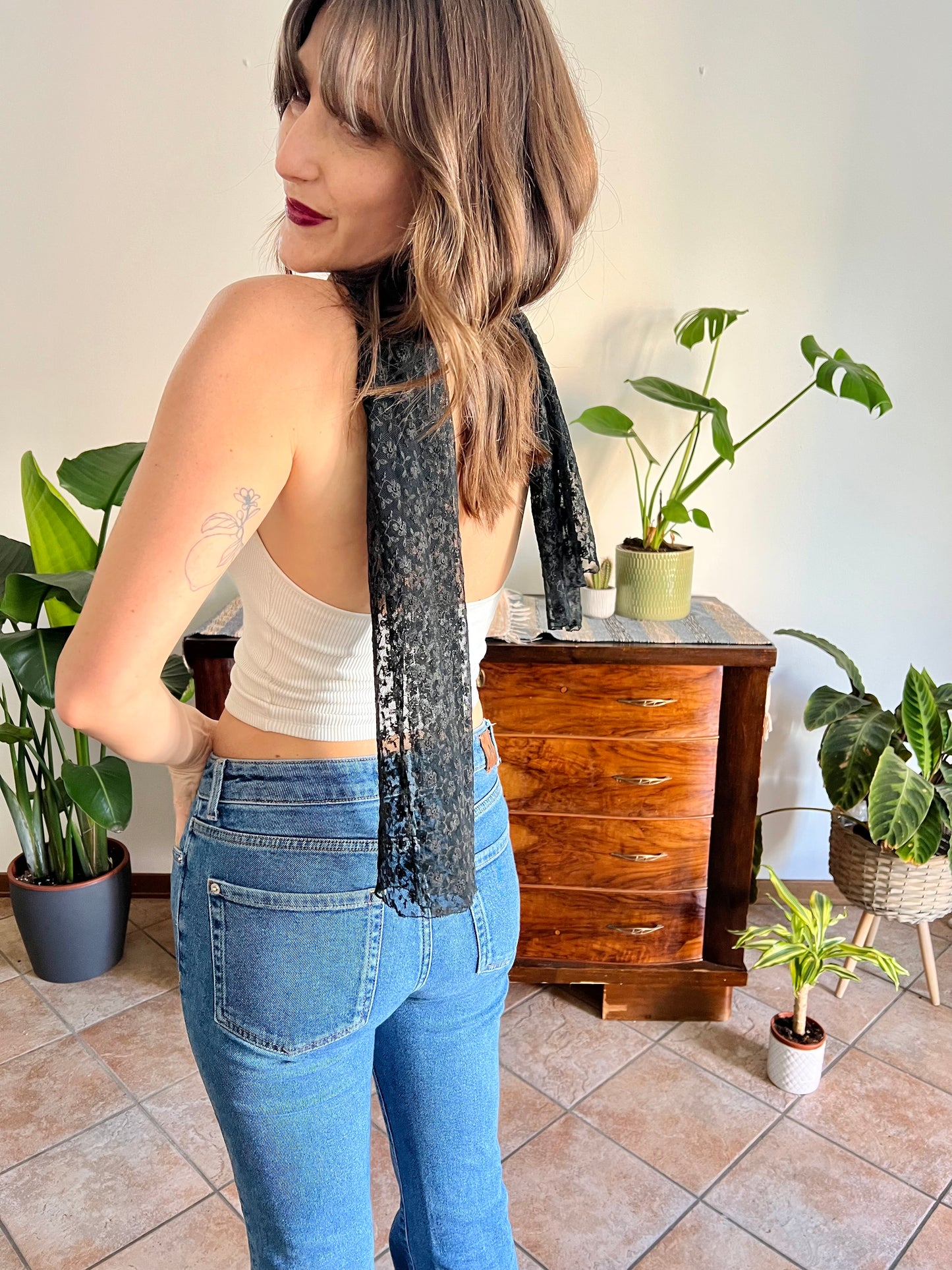 1950's vintage hand made black lace scarf