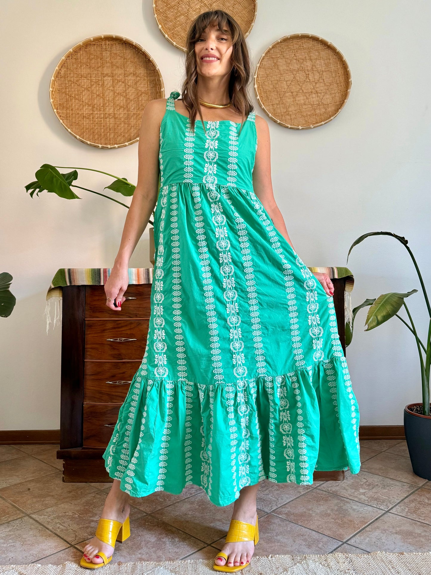 Y2K vintage green prairie maxi dress with white floral embroidery