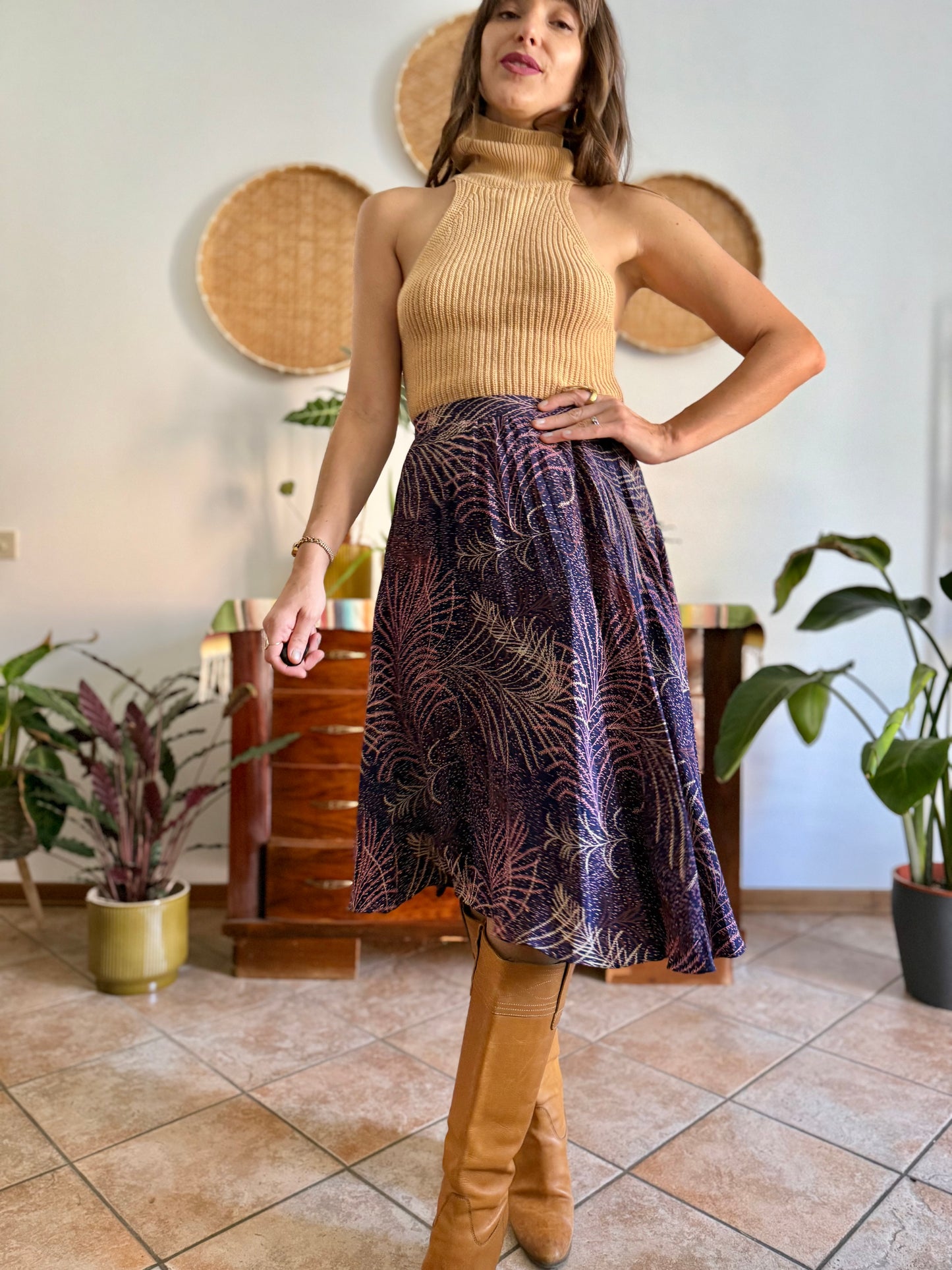 1970's vintage navy blue silk skirt with pink and cream abstract print