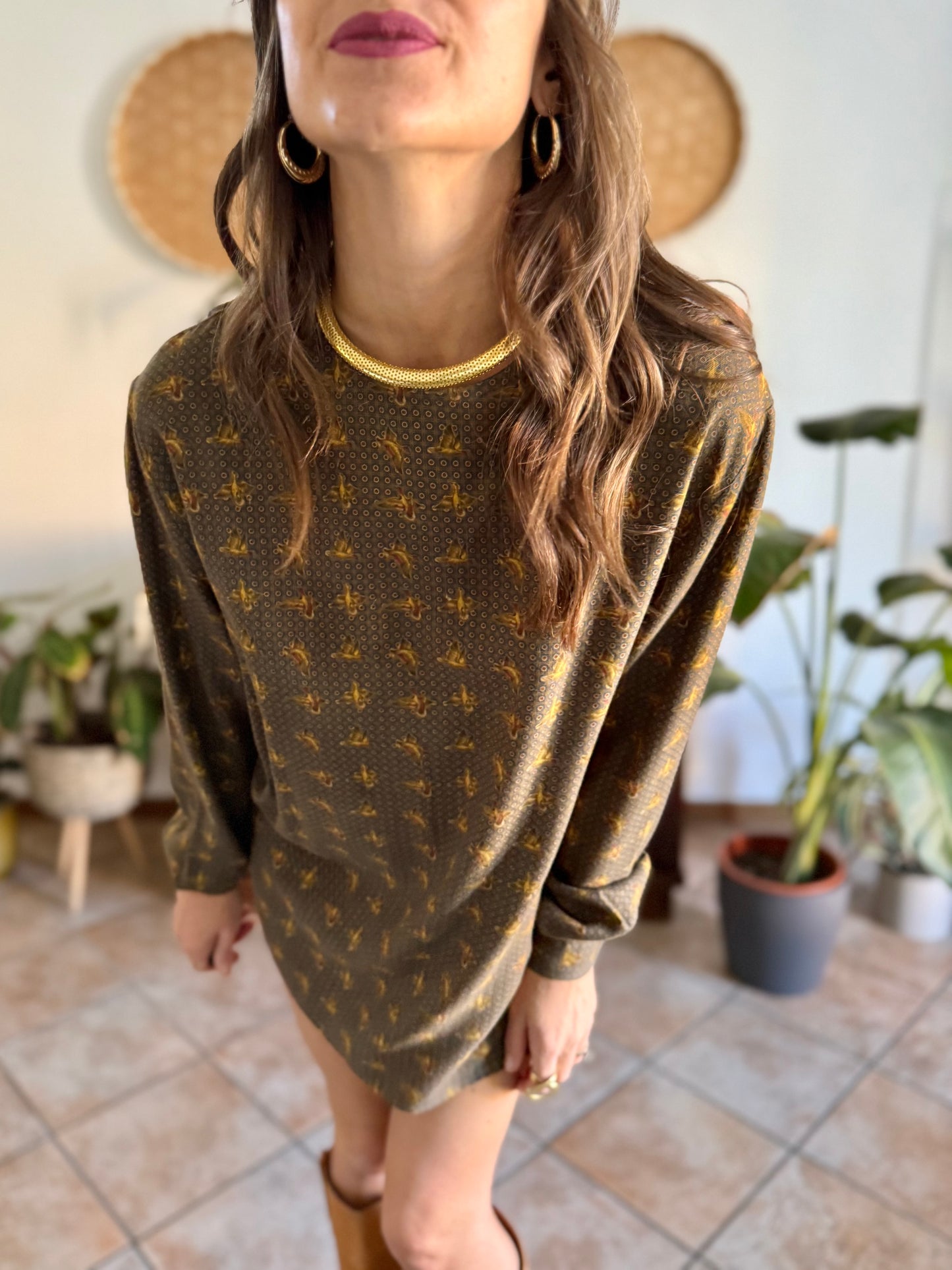 1970’s vintage Emporio Armani dark green, navy and burgundy duck print shirt dress