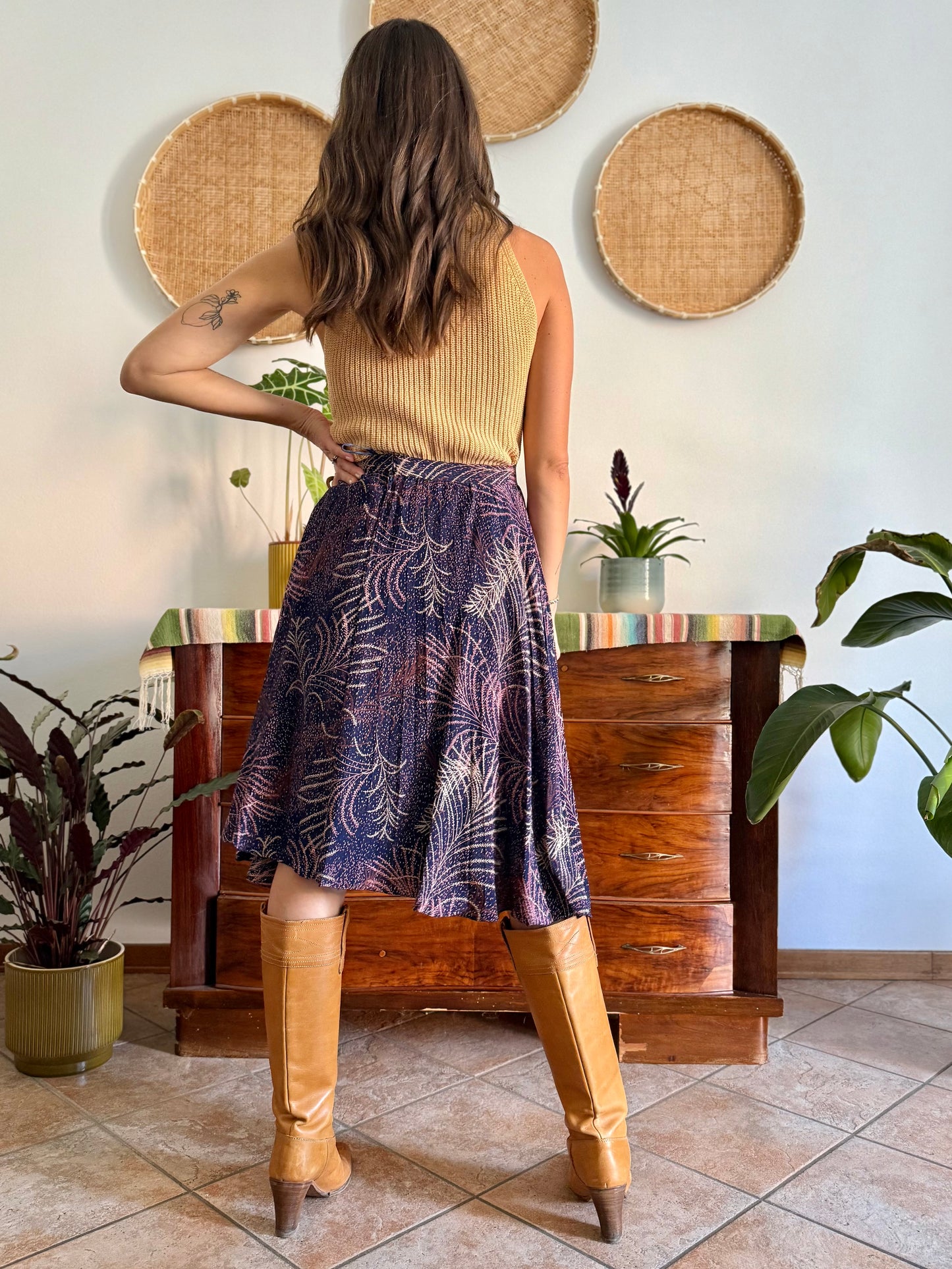 1970's vintage navy blue silk skirt with pink and cream abstract print