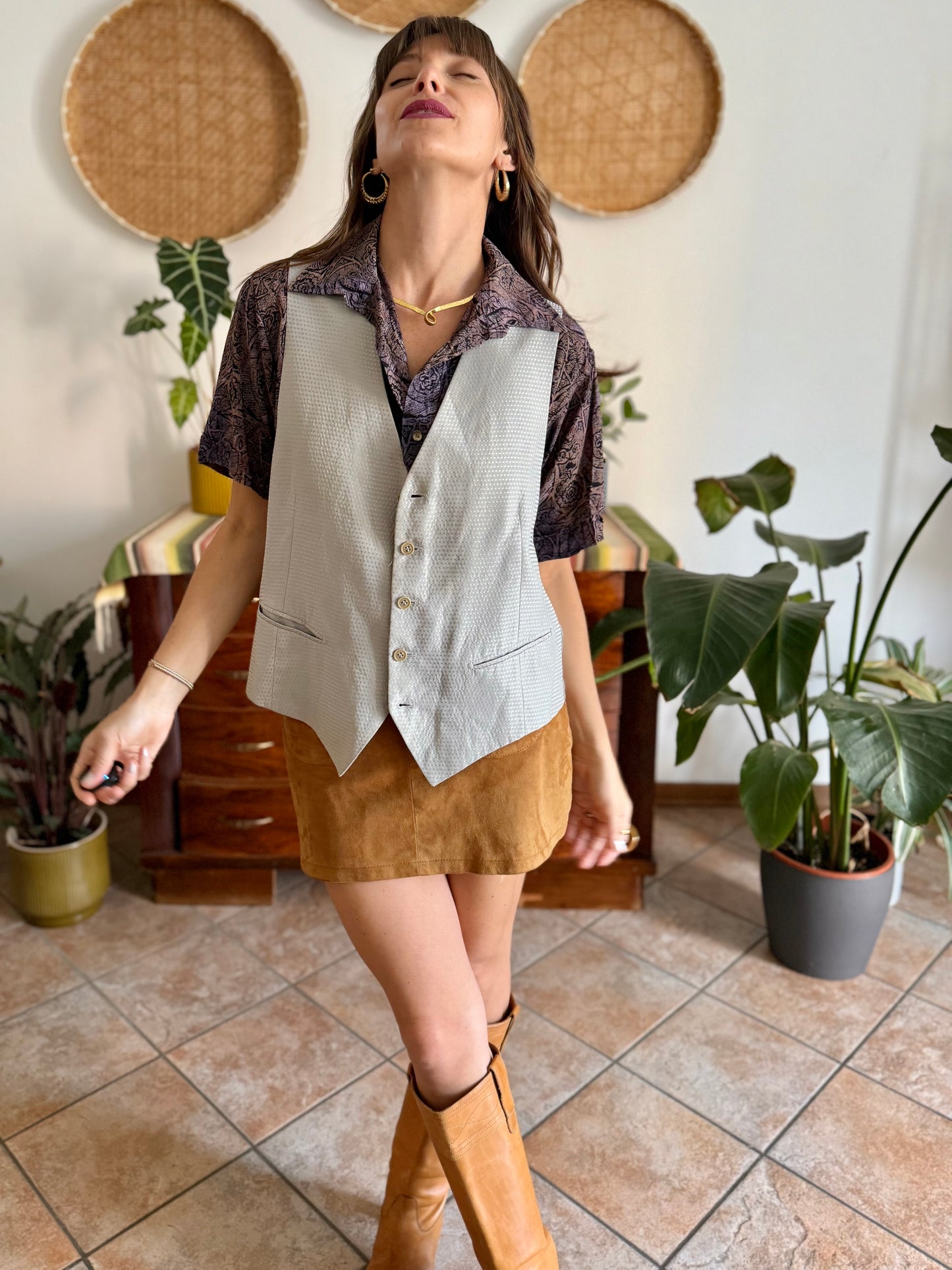 1970's vintage oversize square silver texture vest