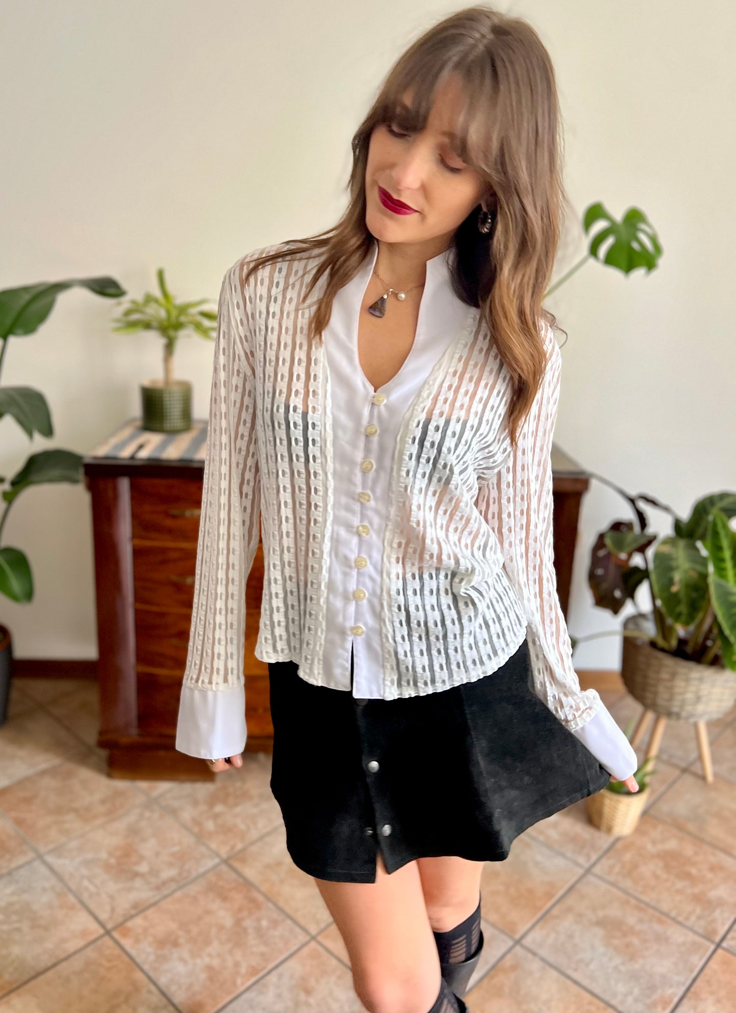 1970's vintage white and cream sheer textured blouse