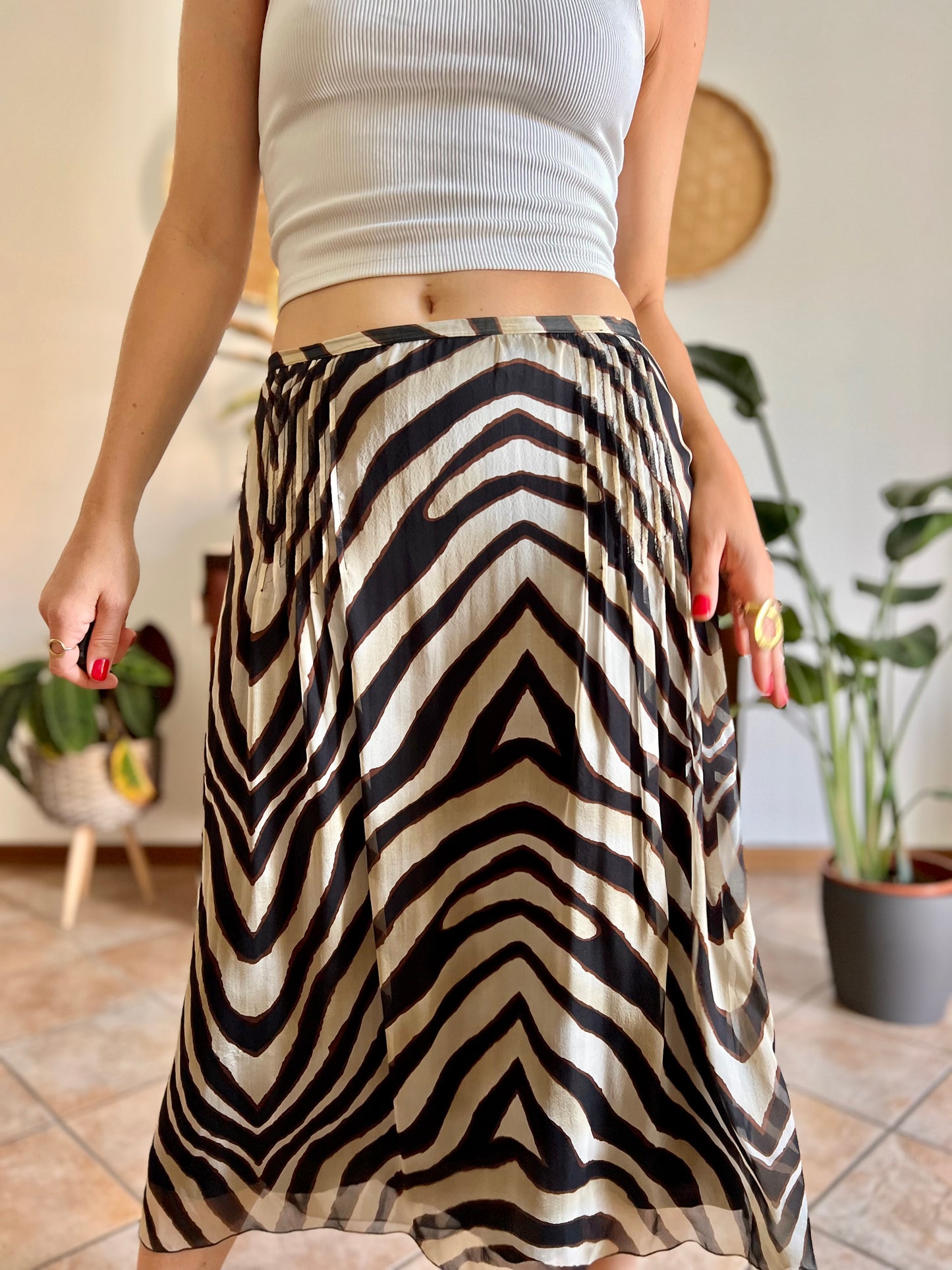 1990's vintage zebra print low waisted silk midi skirt