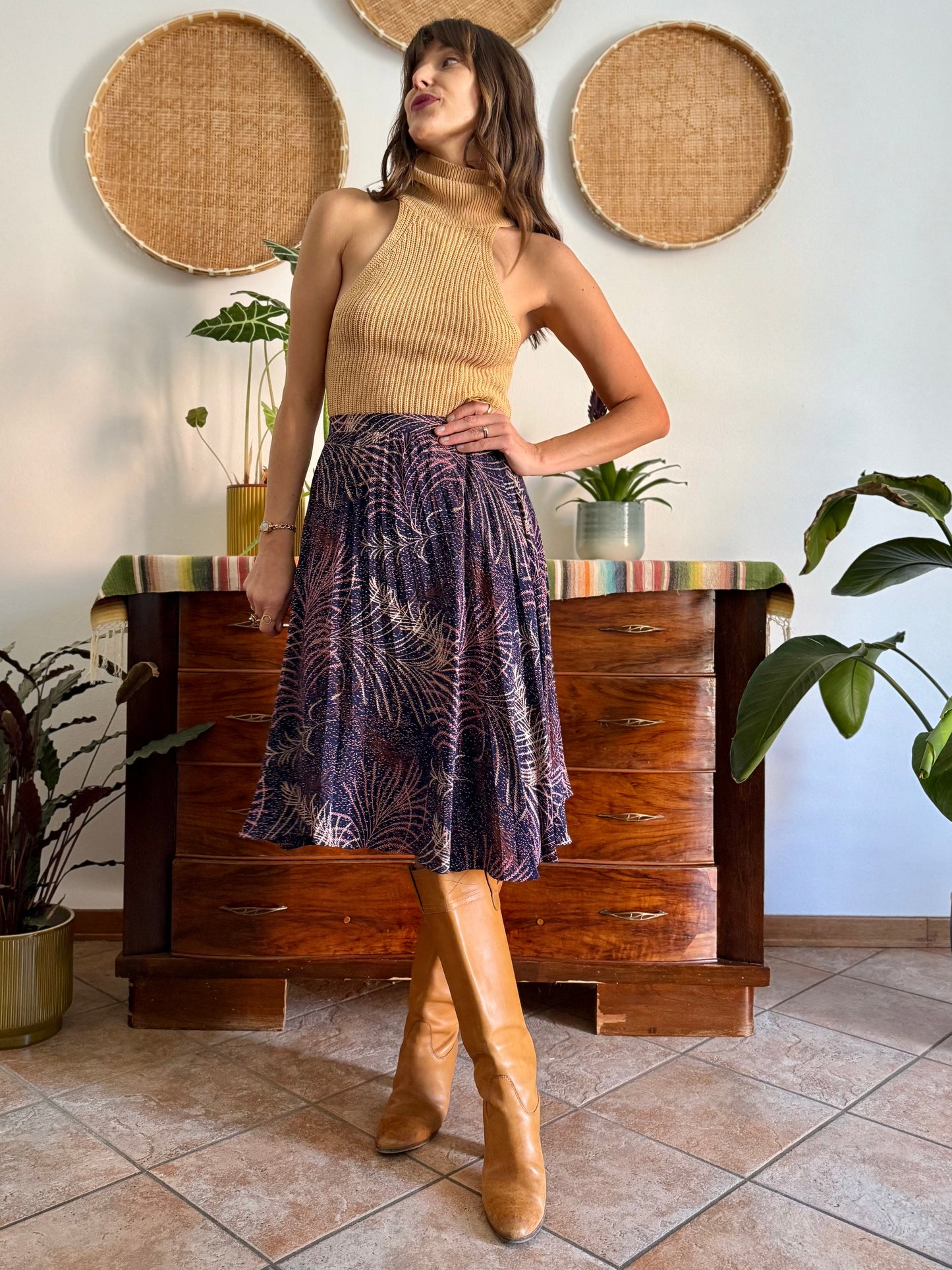 1970's vintage navy blue silk skirt with pink and cream abstract print