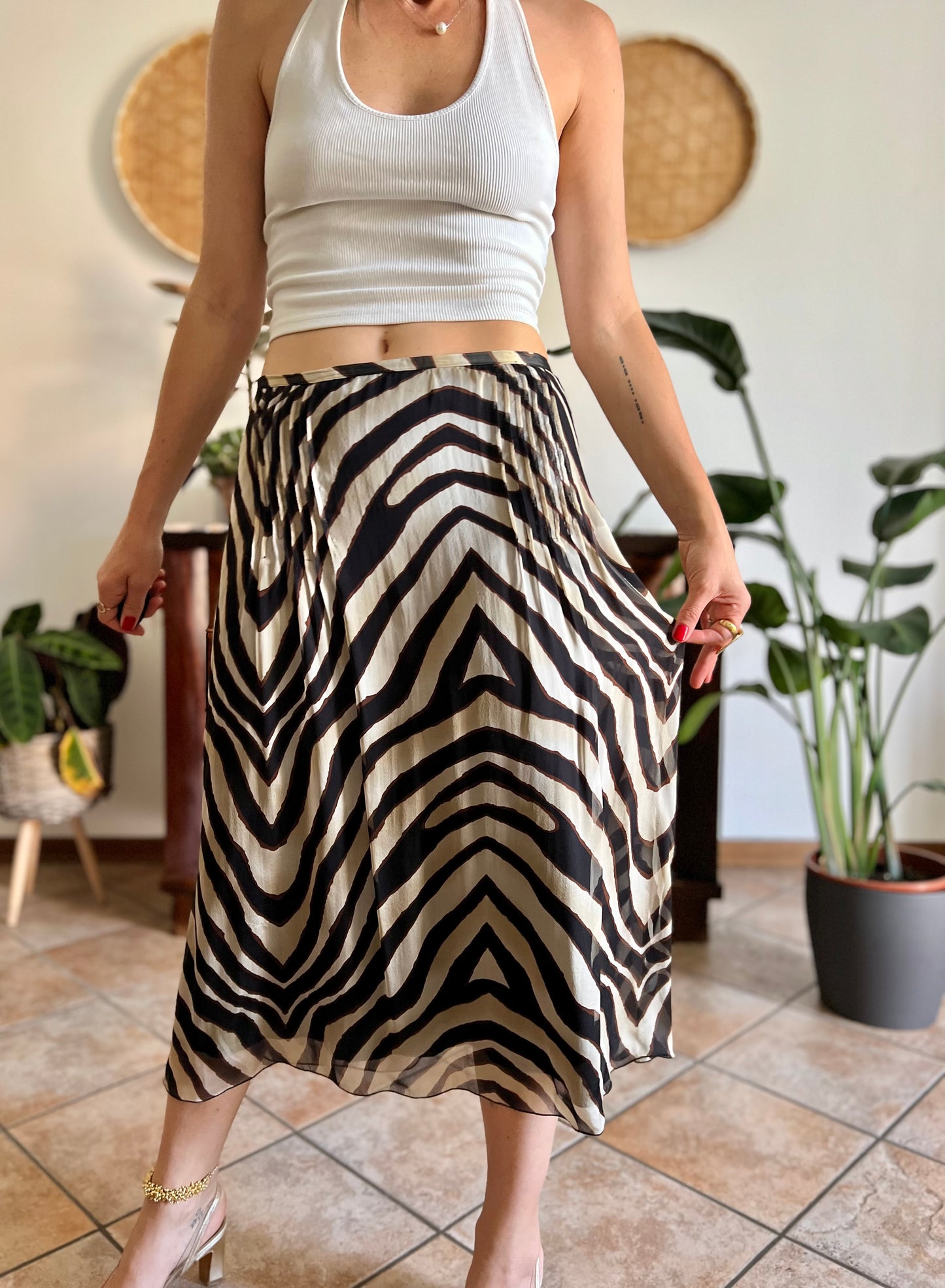 1990's vintage zebra print low waisted silk midi skirt