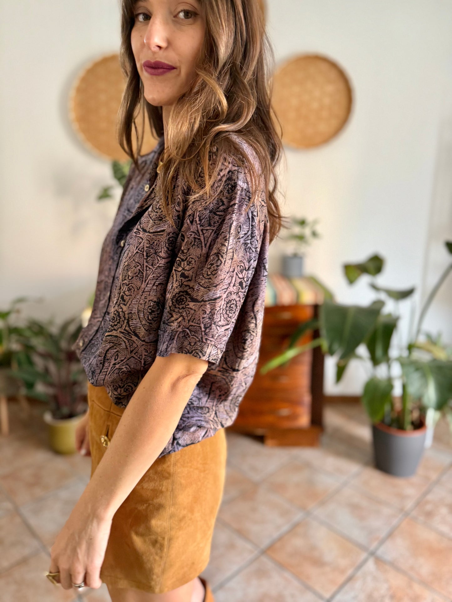 1970's vintage purple, tan and black abstract paisley print